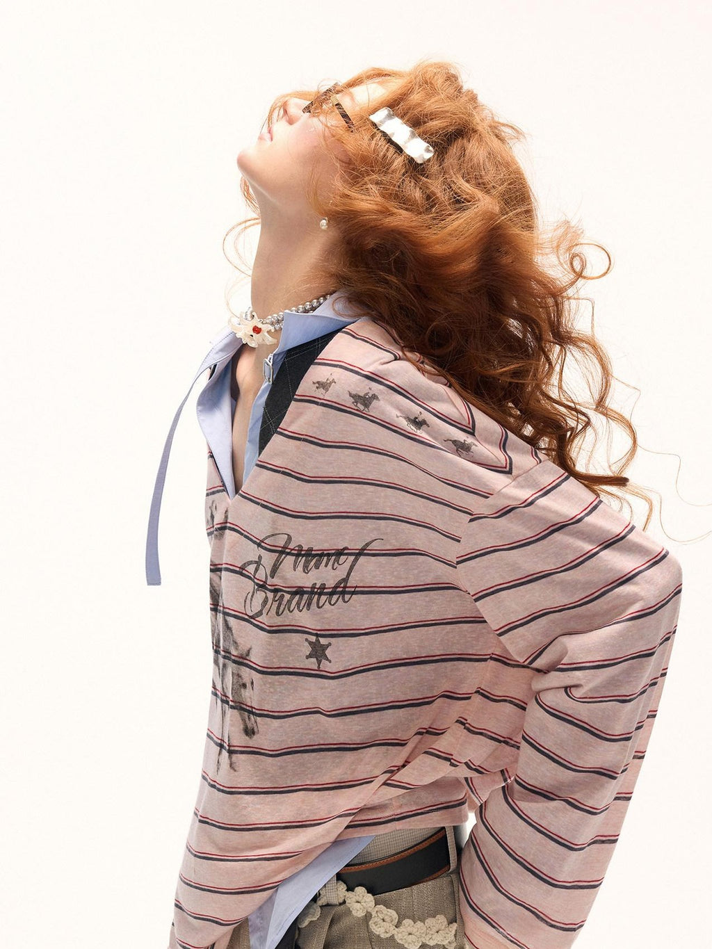 mamc Pink Striped Casual Oversized V-neck Women's Long Sleeve T-shirts