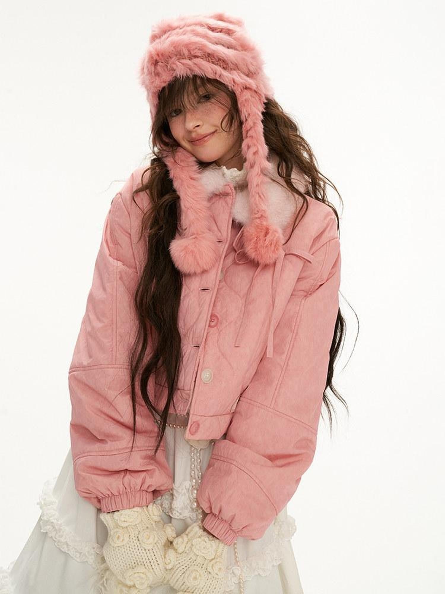 mamc Pink Topstitch Bow Fur Trim Short Women's Polyester Blend Puffer Jackets