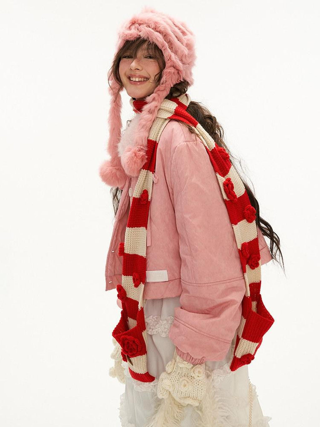 mamc Pink Topstitch Bow Fur Trim Short Women's Polyester Blend Puffer Jackets