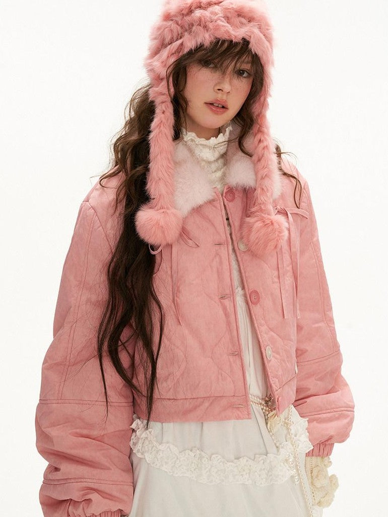 mamc Pink Topstitch Bow Fur Trim Short Women's Polyester Blend Puffer Jackets