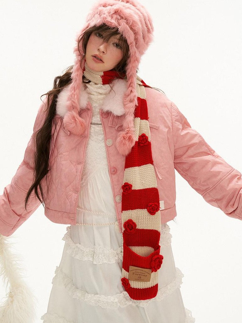 mamc Pink Topstitch Bow Fur Trim Short Women's Polyester Blend Puffer Jackets