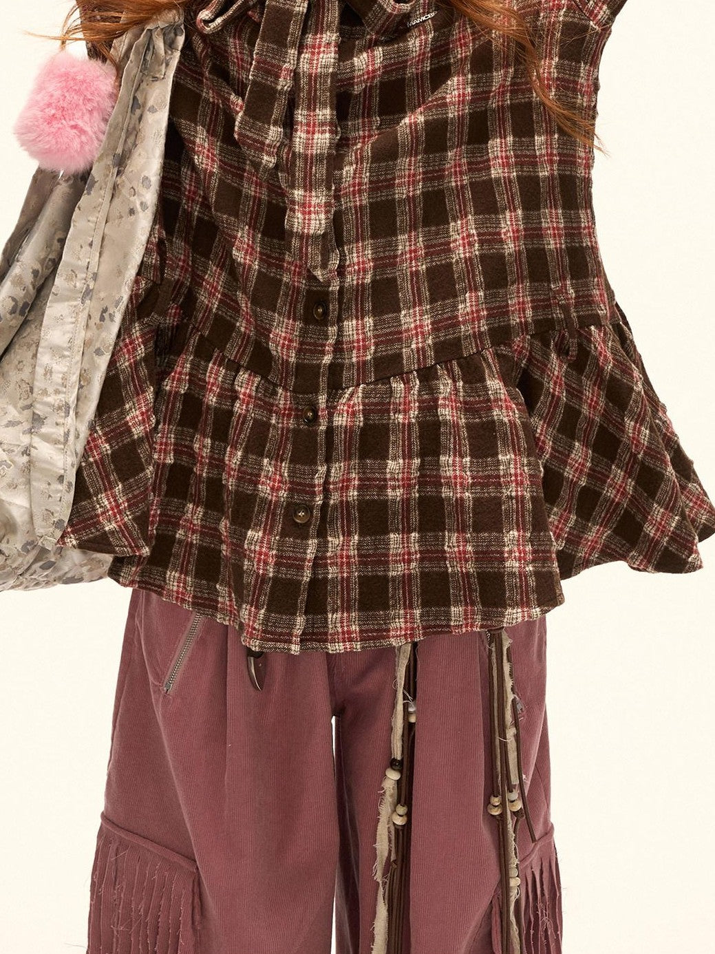 mamc Plaid Bow Button Shirt Collar Long Sleeve Women's Wool Blend Casual Mini Dresses