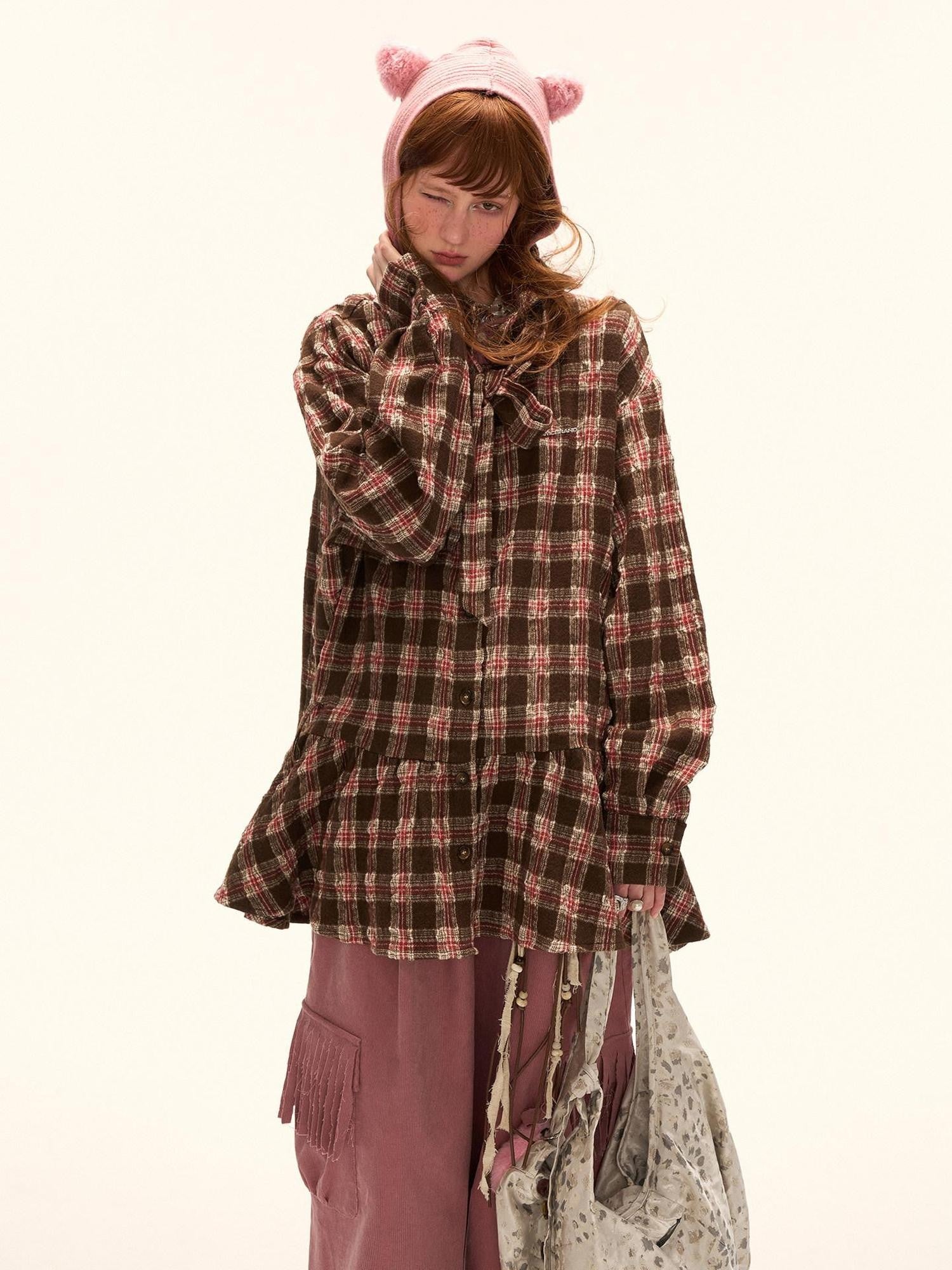 mamc Plaid Bow Button Shirt Collar Long Sleeve Women's Wool Blend Casual Mini Dresses