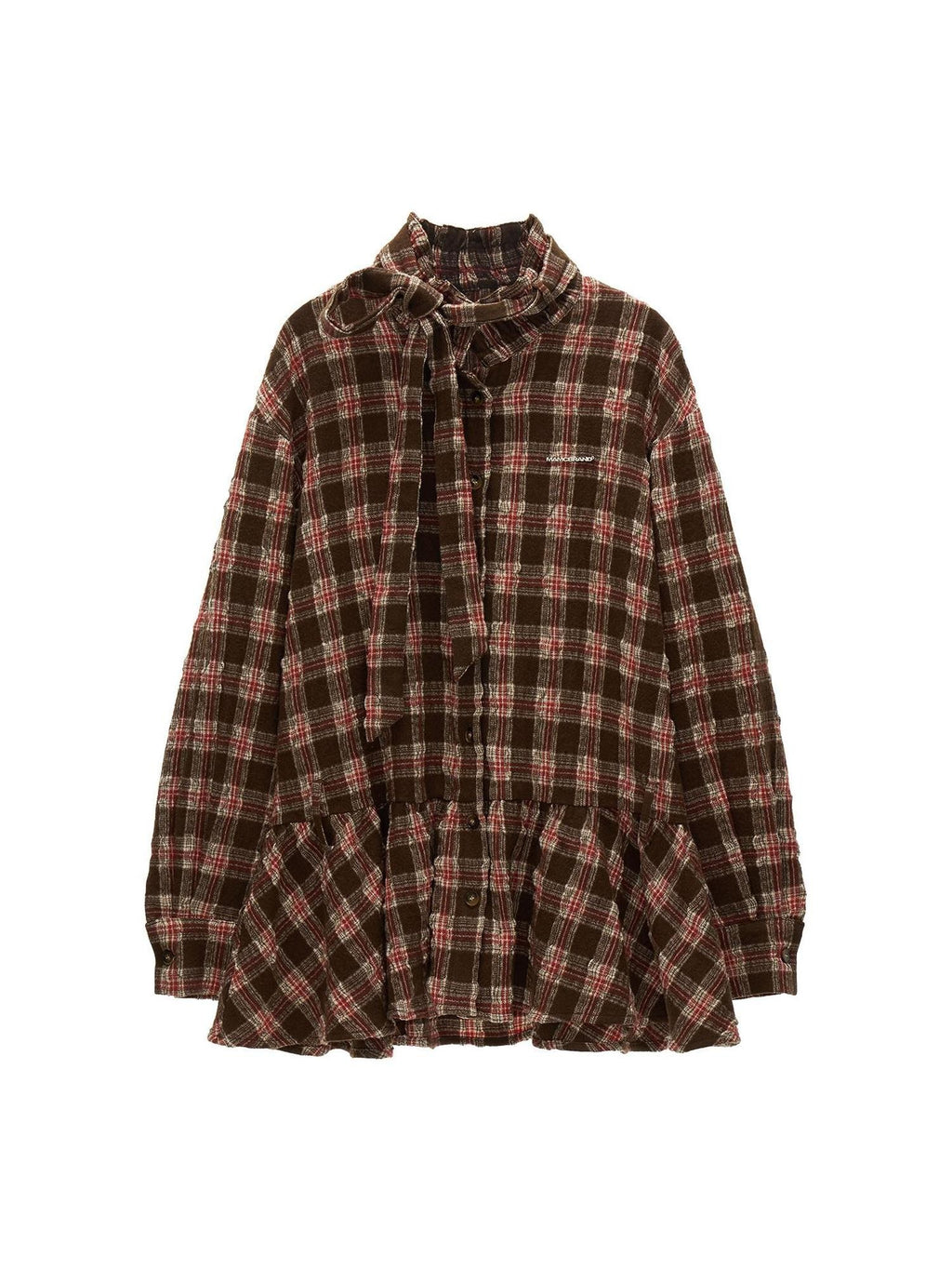mamc Plaid Bow Button Shirt Collar Long Sleeve Women's Wool Blend Casual Mini Dresses