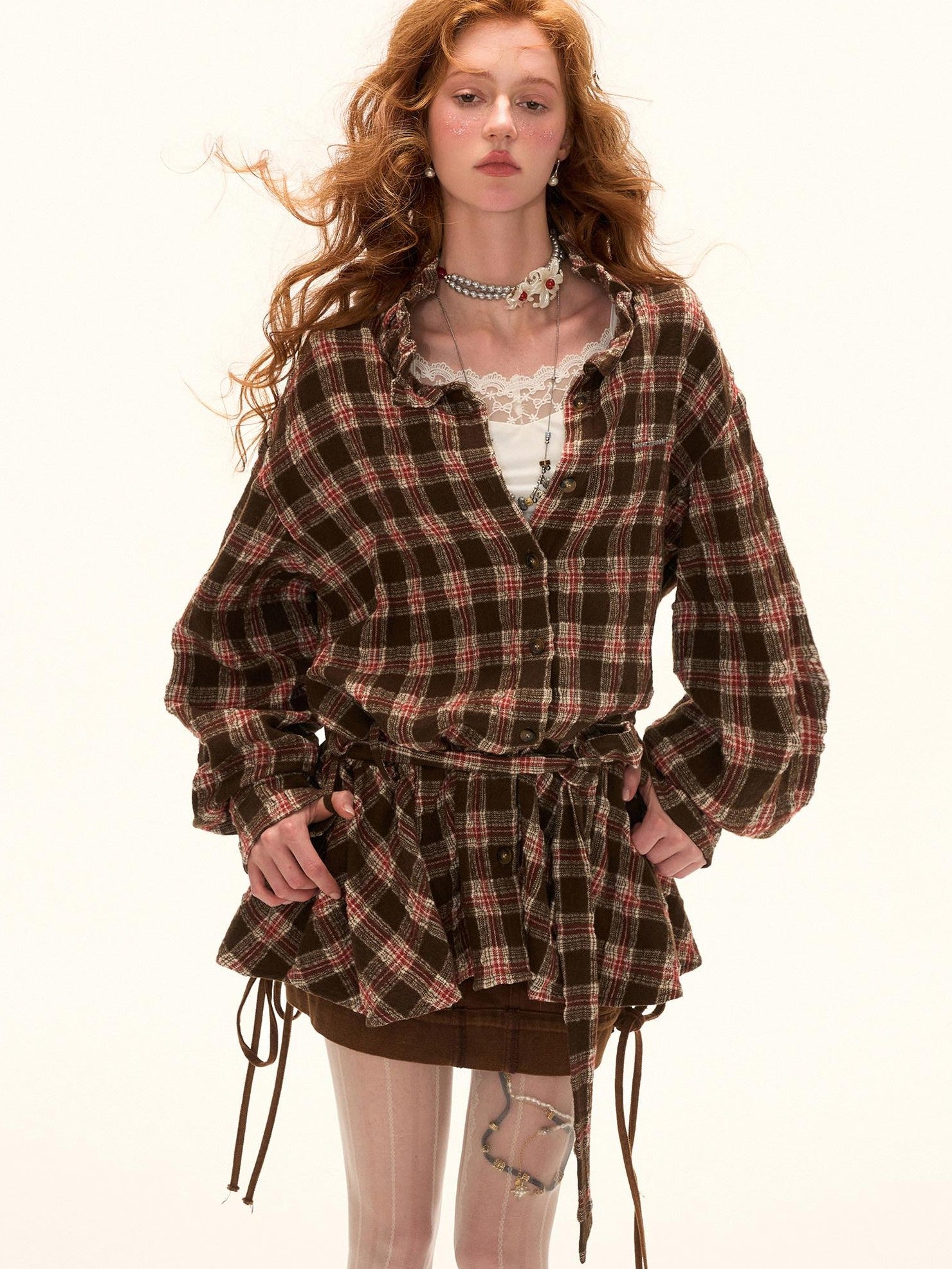 mamc Plaid Bow Button Shirt Collar Long Sleeve Women's Wool Blend Casual Mini Dresses
