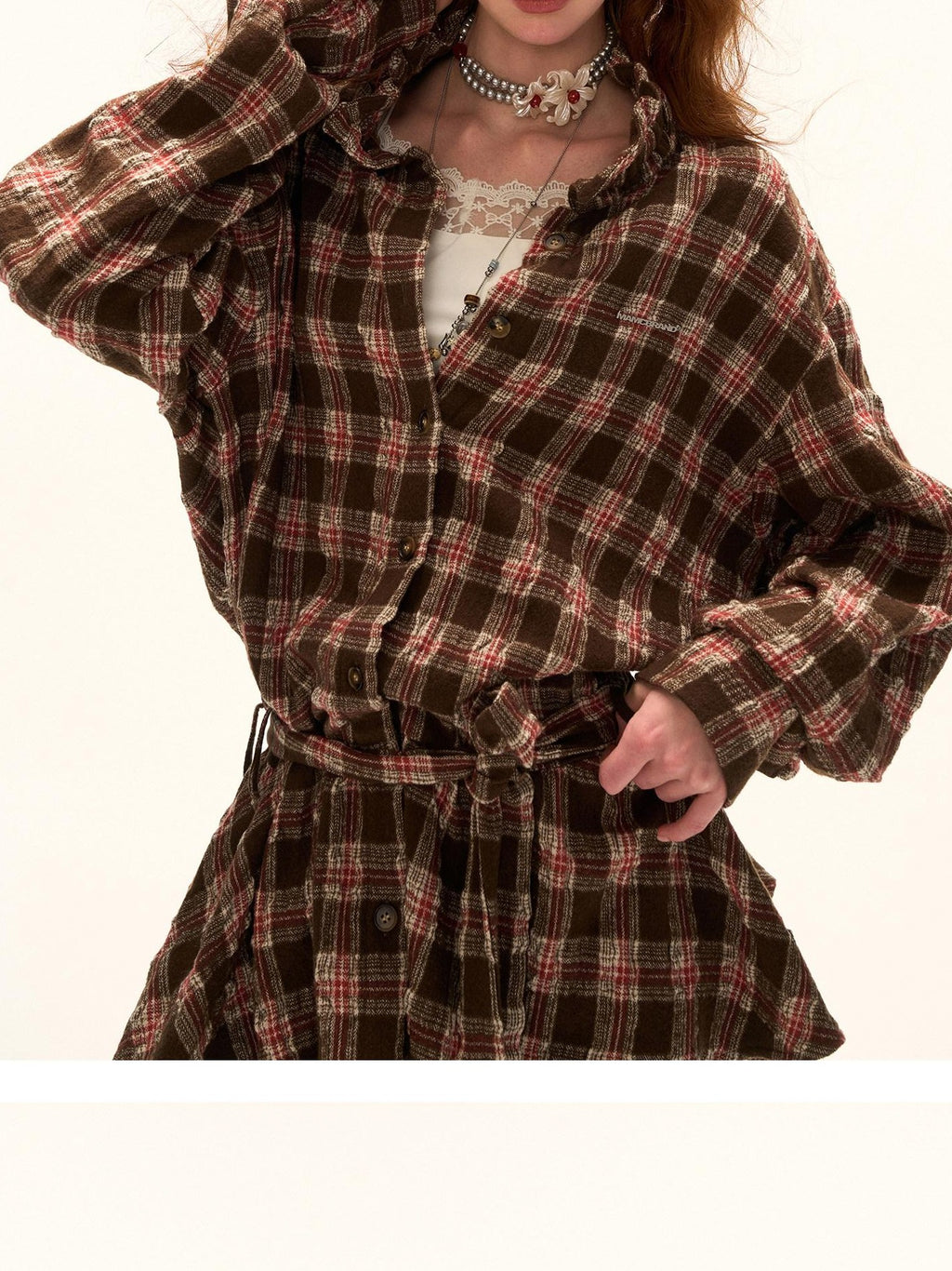 mamc Plaid Bow Button Shirt Collar Long Sleeve Women's Wool Blend Casual Mini Dresses