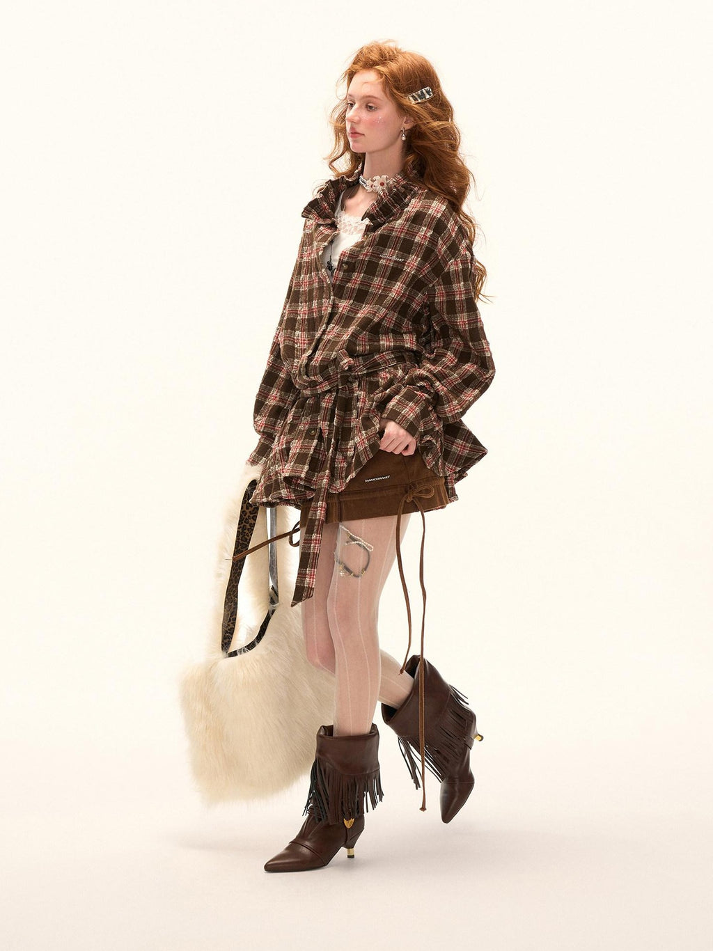mamc Plaid Bow Button Shirt Collar Long Sleeve Women's Wool Blend Casual Mini Dresses