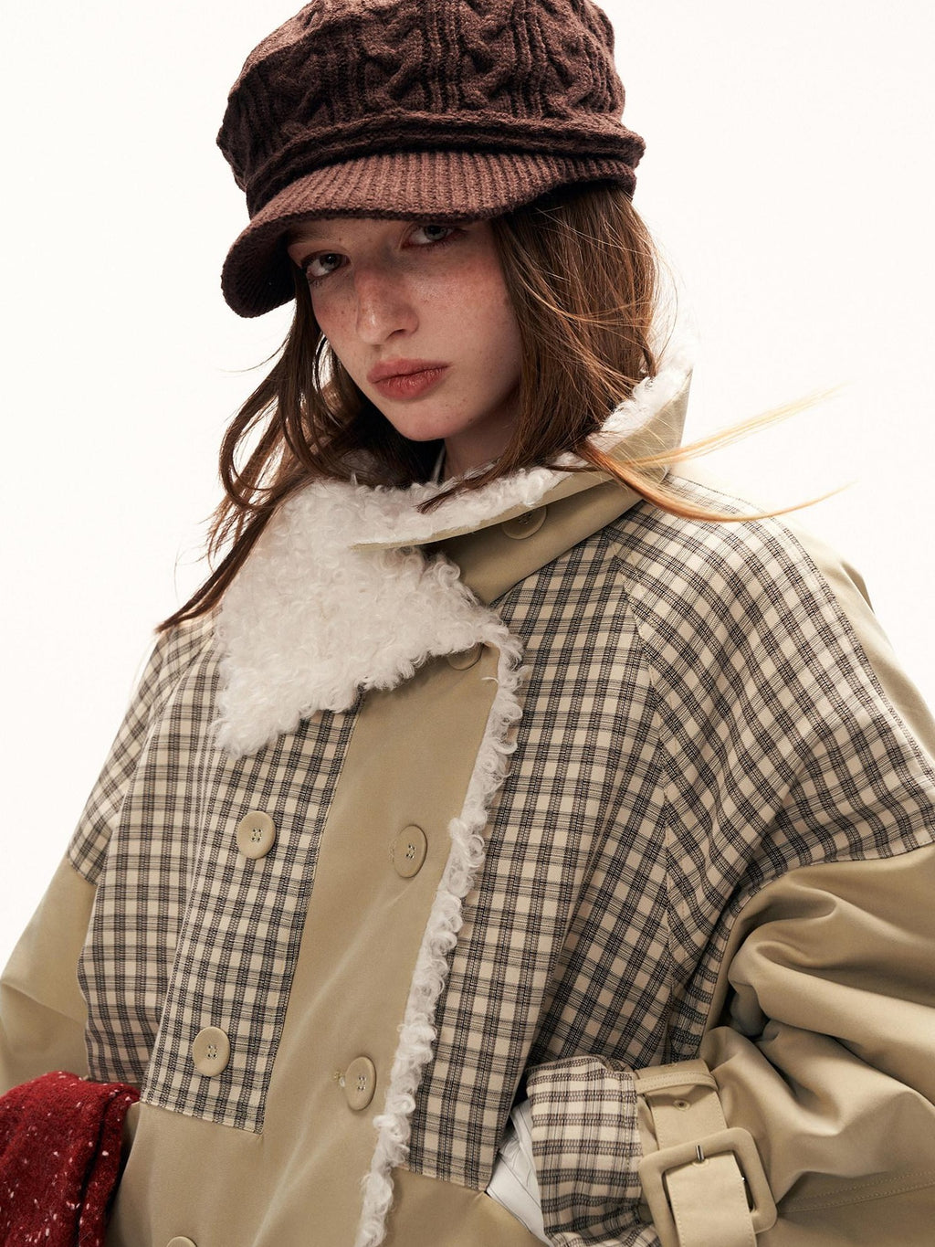 mamc Plaid Double Breasted Large Lapel Fur Collar Women's Cotton Fleece Jackets
