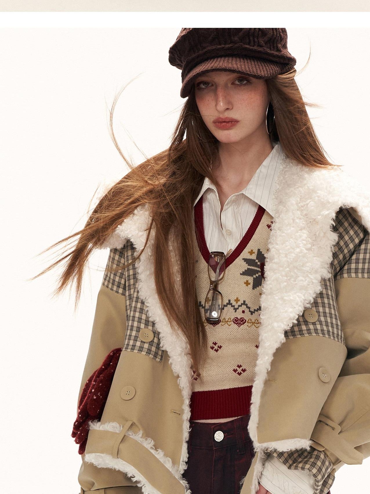mamc Plaid Double Breasted Large Lapel Fur Collar Women's Cotton Fleece Jackets