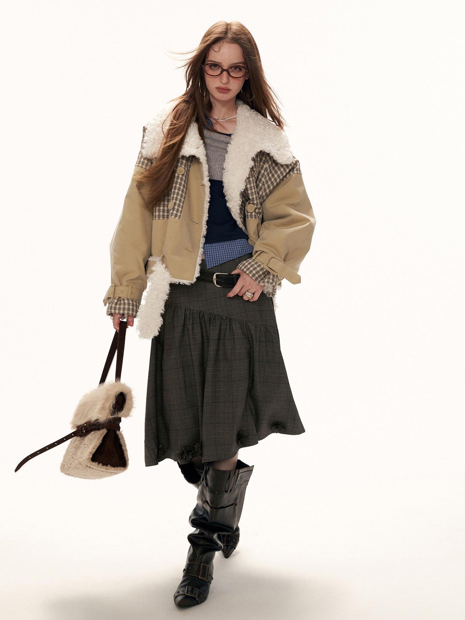mamc Plaid Double Breasted Large Lapel Fur Collar Women's Cotton Fleece Jackets