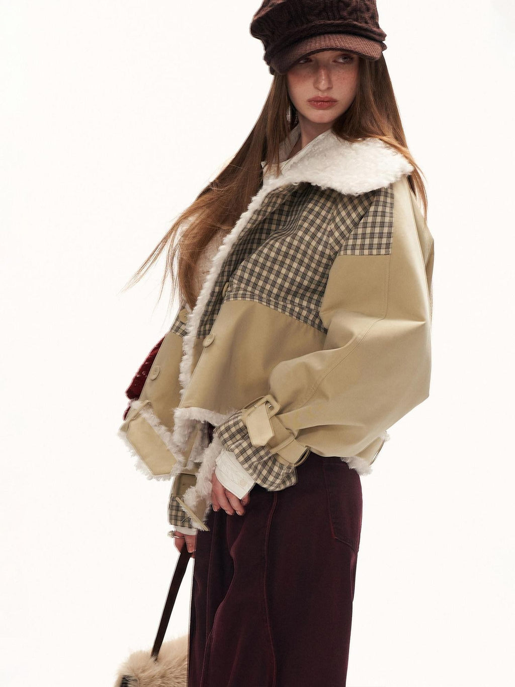 mamc Plaid Double Breasted Large Lapel Fur Collar Women's Cotton Fleece Jackets