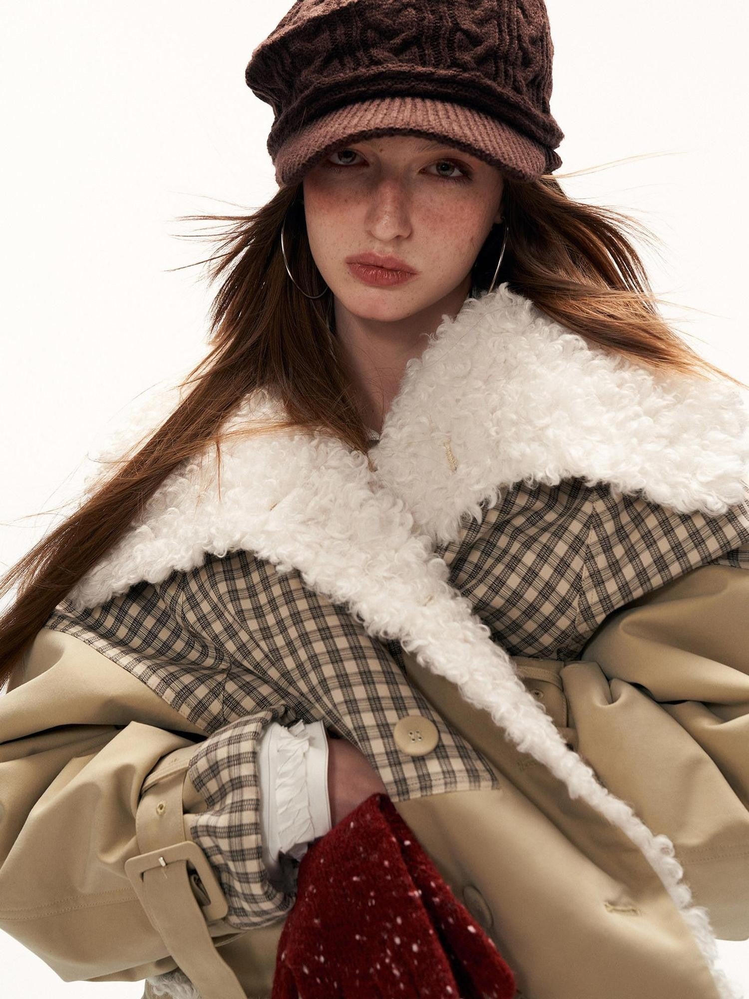 mamc Plaid Double Breasted Large Lapel Fur Collar Women's Cotton Fleece Jackets