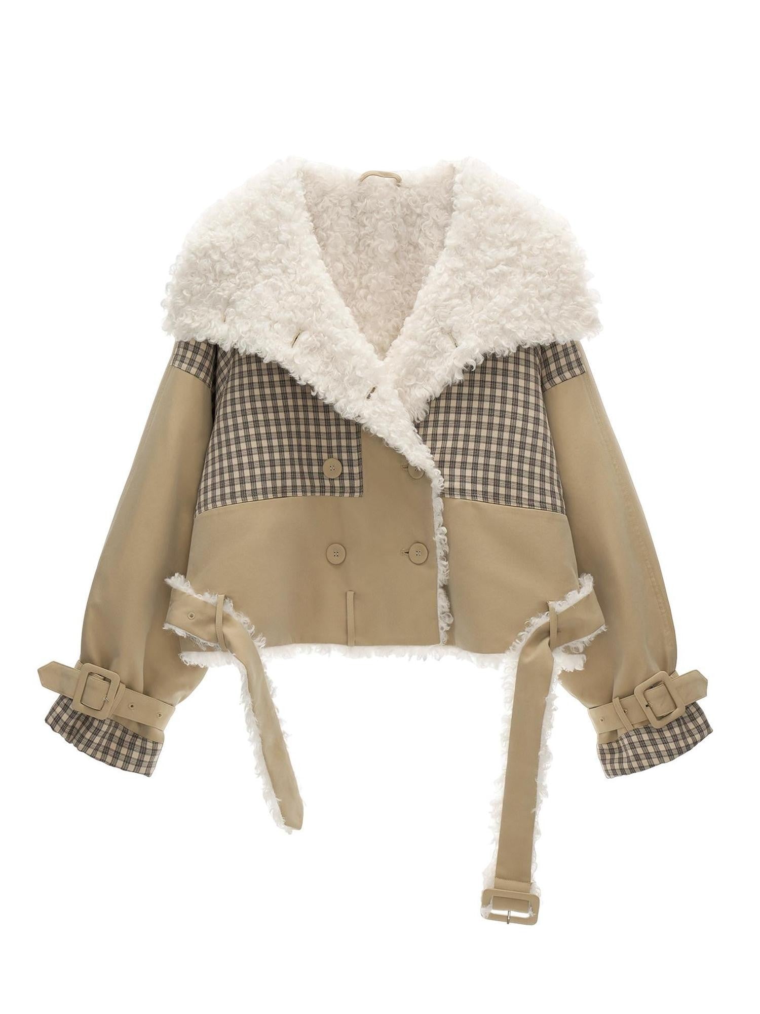 mamc Plaid Double Breasted Large Lapel Fur Collar Women's Cotton Fleece Jackets