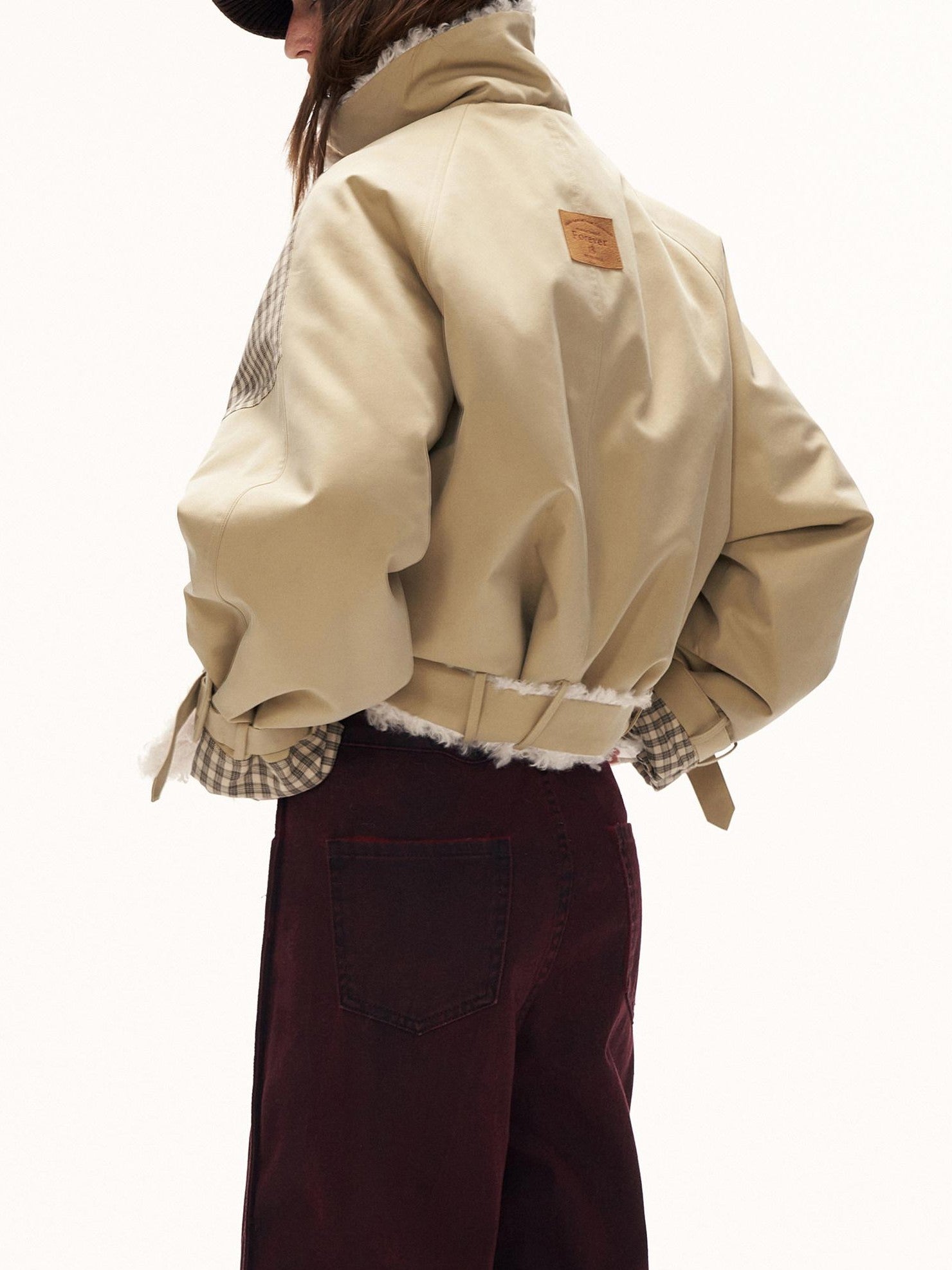 mamc Plaid Double Breasted Large Lapel Fur Collar Women's Cotton Fleece Jackets