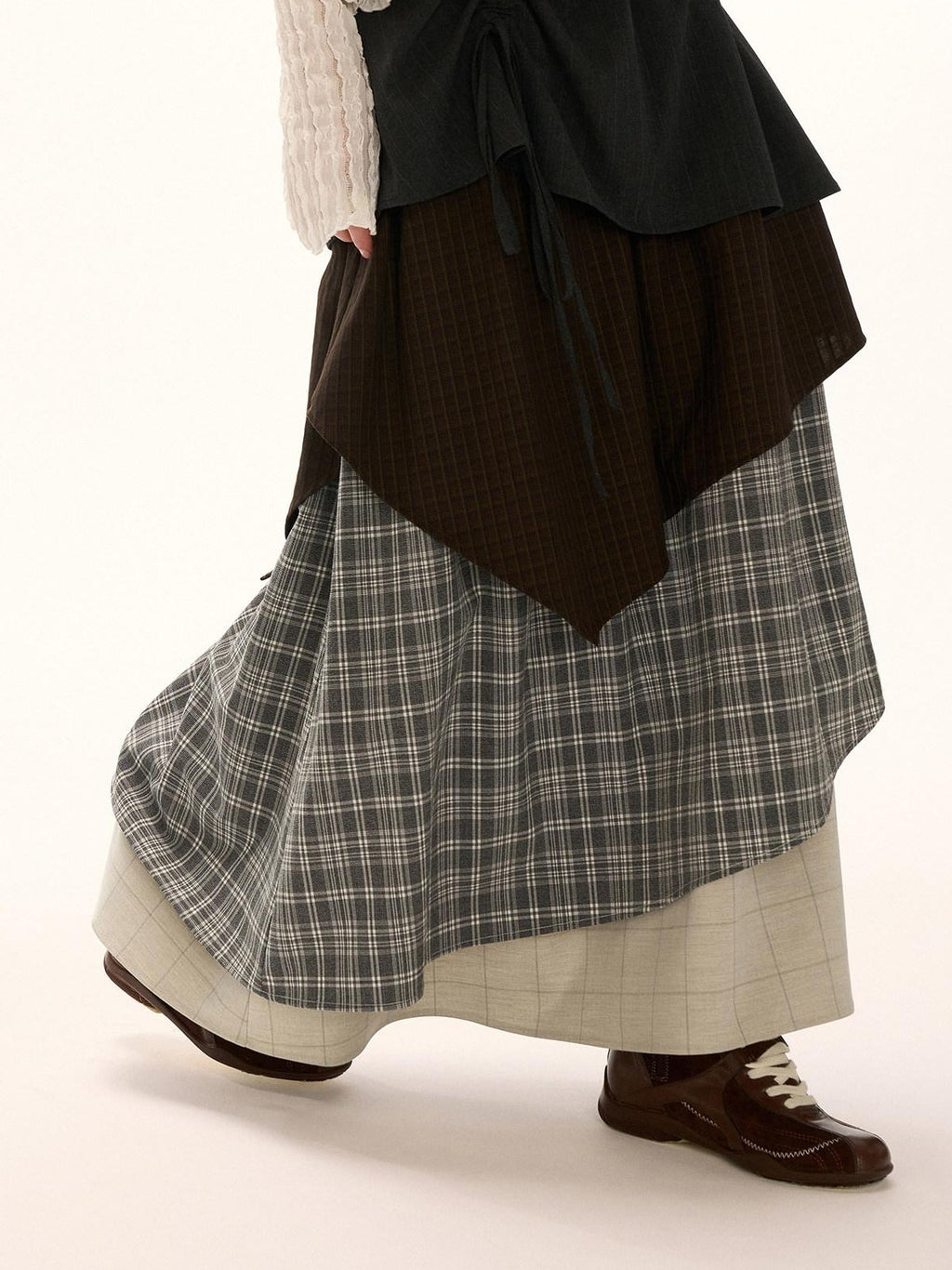 mamc Plaid Layered Colorblock Women's Polyester Blend Maxi Skirts