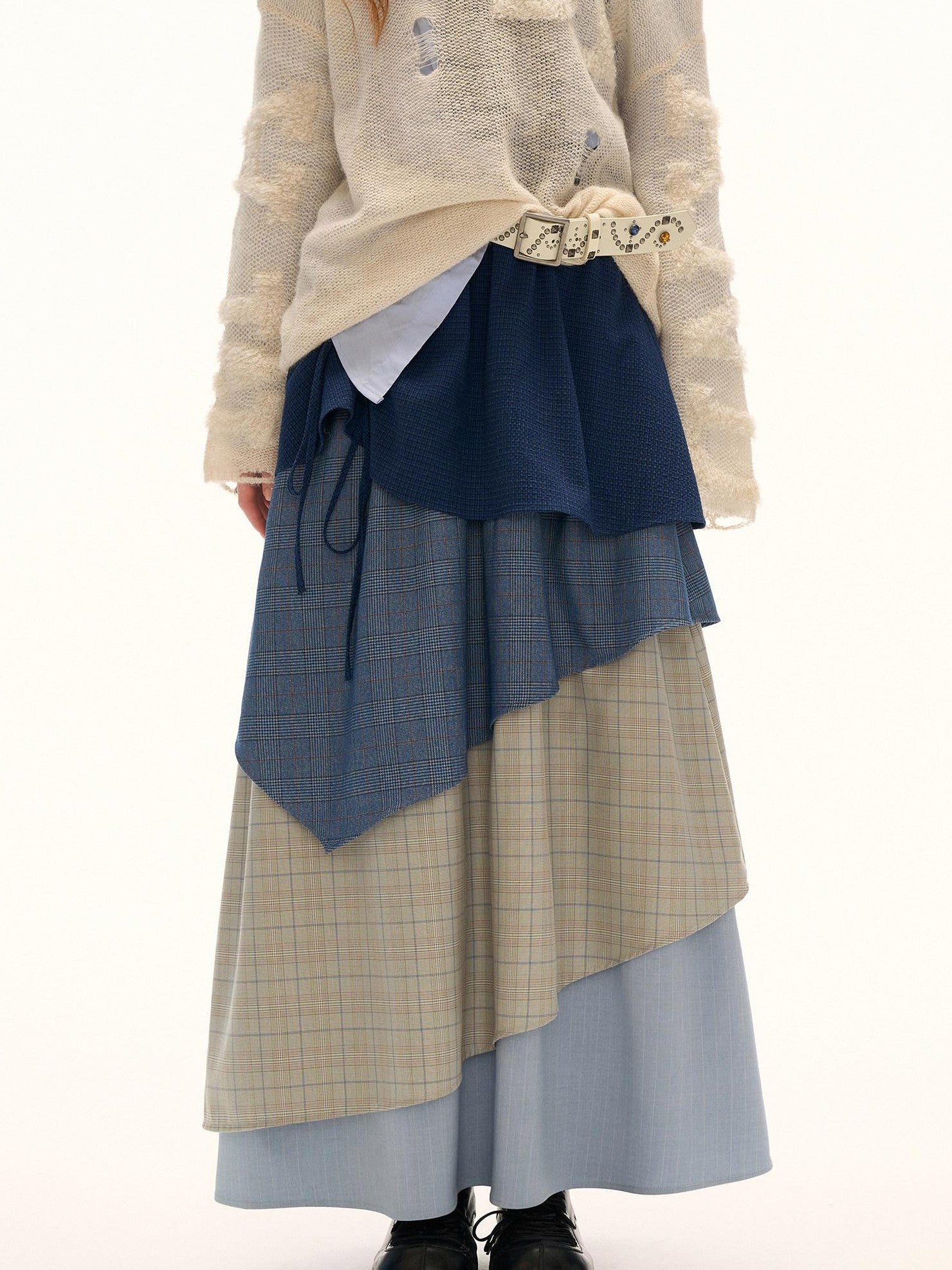 mamc Plaid Layered Colorblock Women's Polyester Blend Maxi Skirts