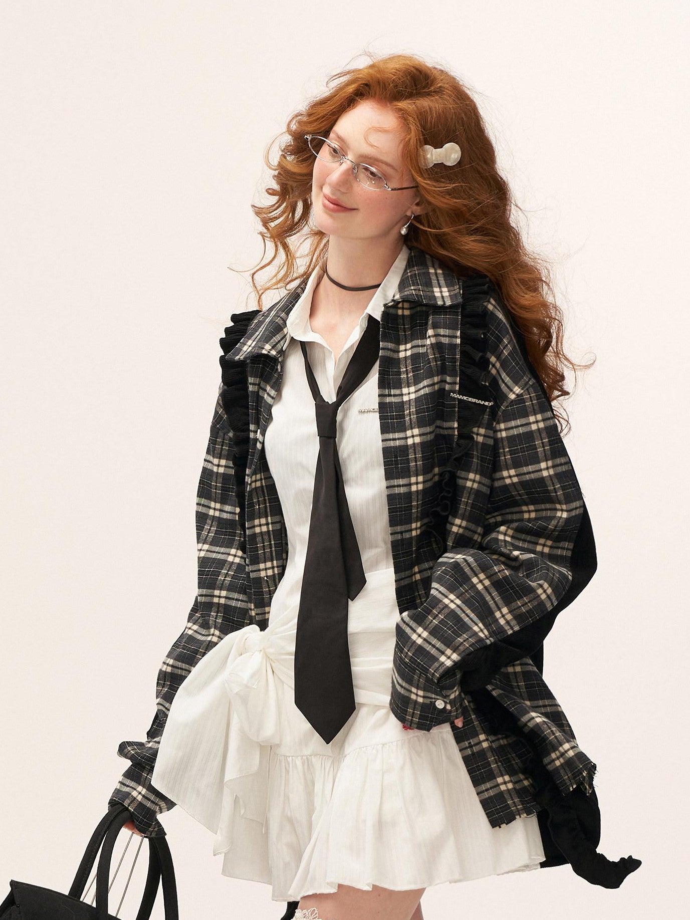 mamc Plaid Patchwork Lapel Collar Loose Fit Women's Polyester Blend Shirts