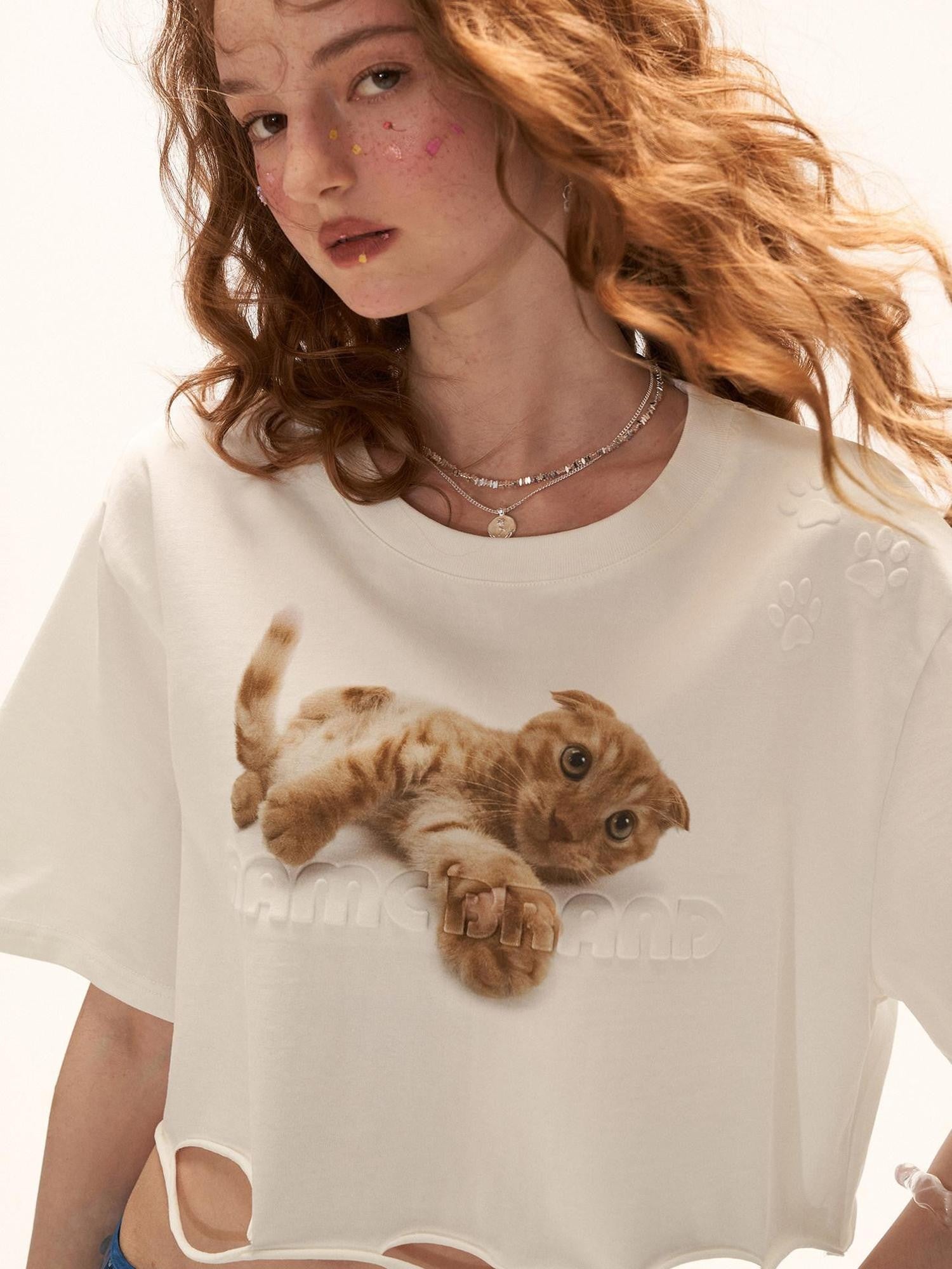 mamc Playful Cat Print Ripped Short Sleeve Women's 100 Percent Cotton Crop Tops