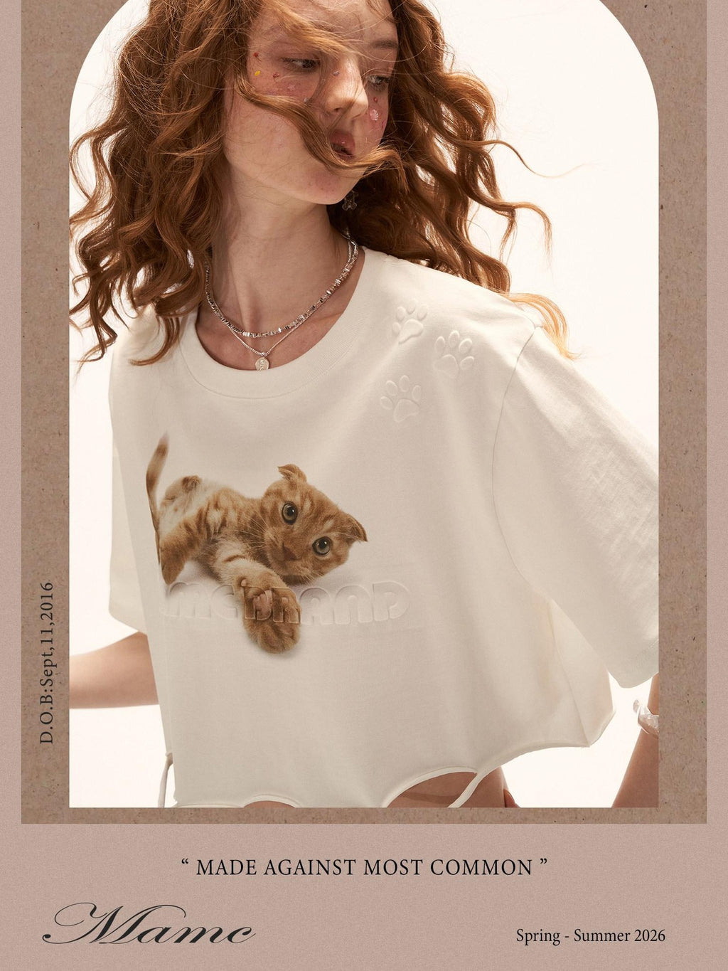 mamc Playful Cat Print Ripped Short Sleeve Women's 100 Percent Cotton Crop Tops