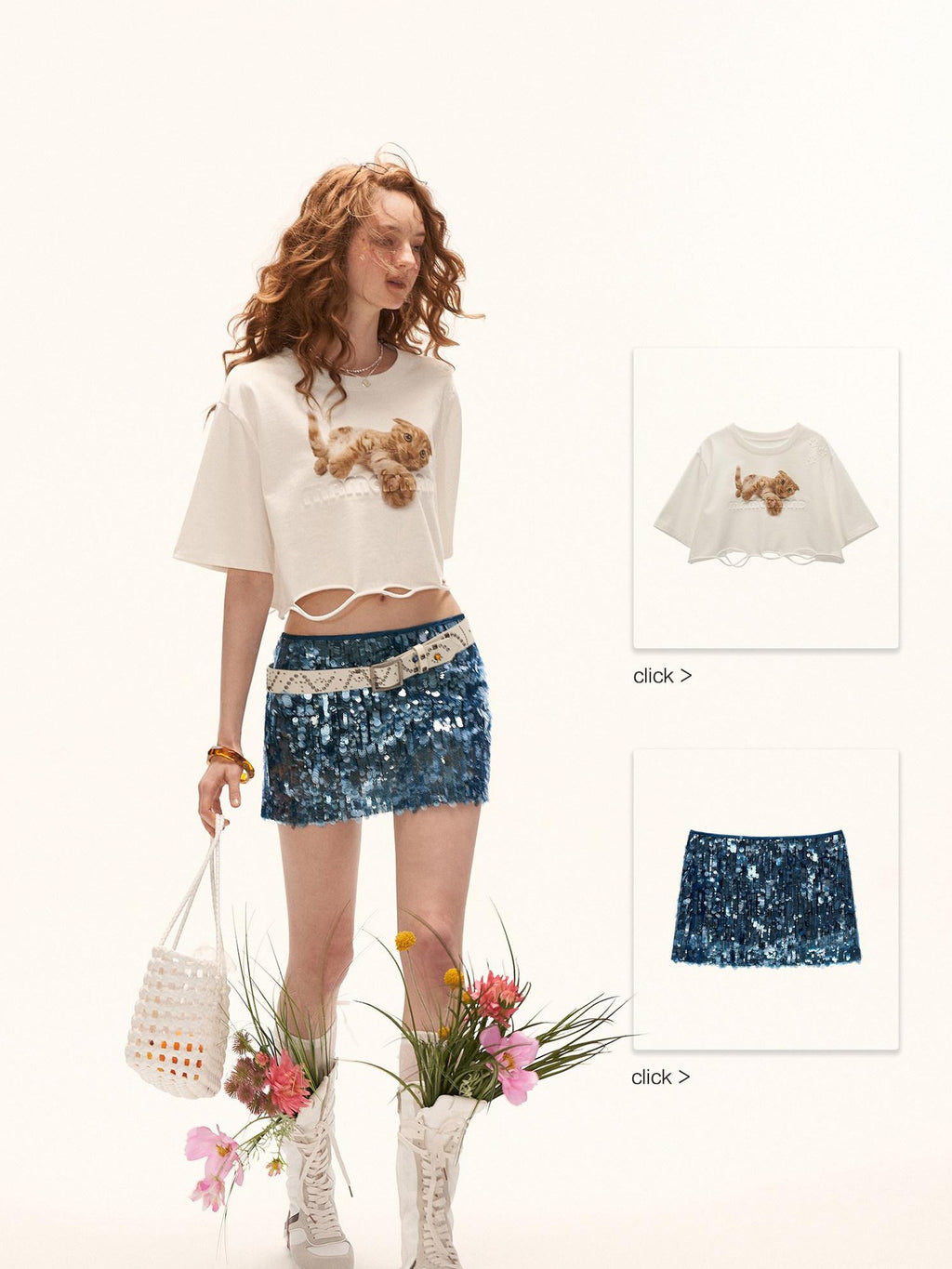 mamc Playful Cat Print Ripped Short Sleeve Women's 100 Percent Cotton Crop Tops