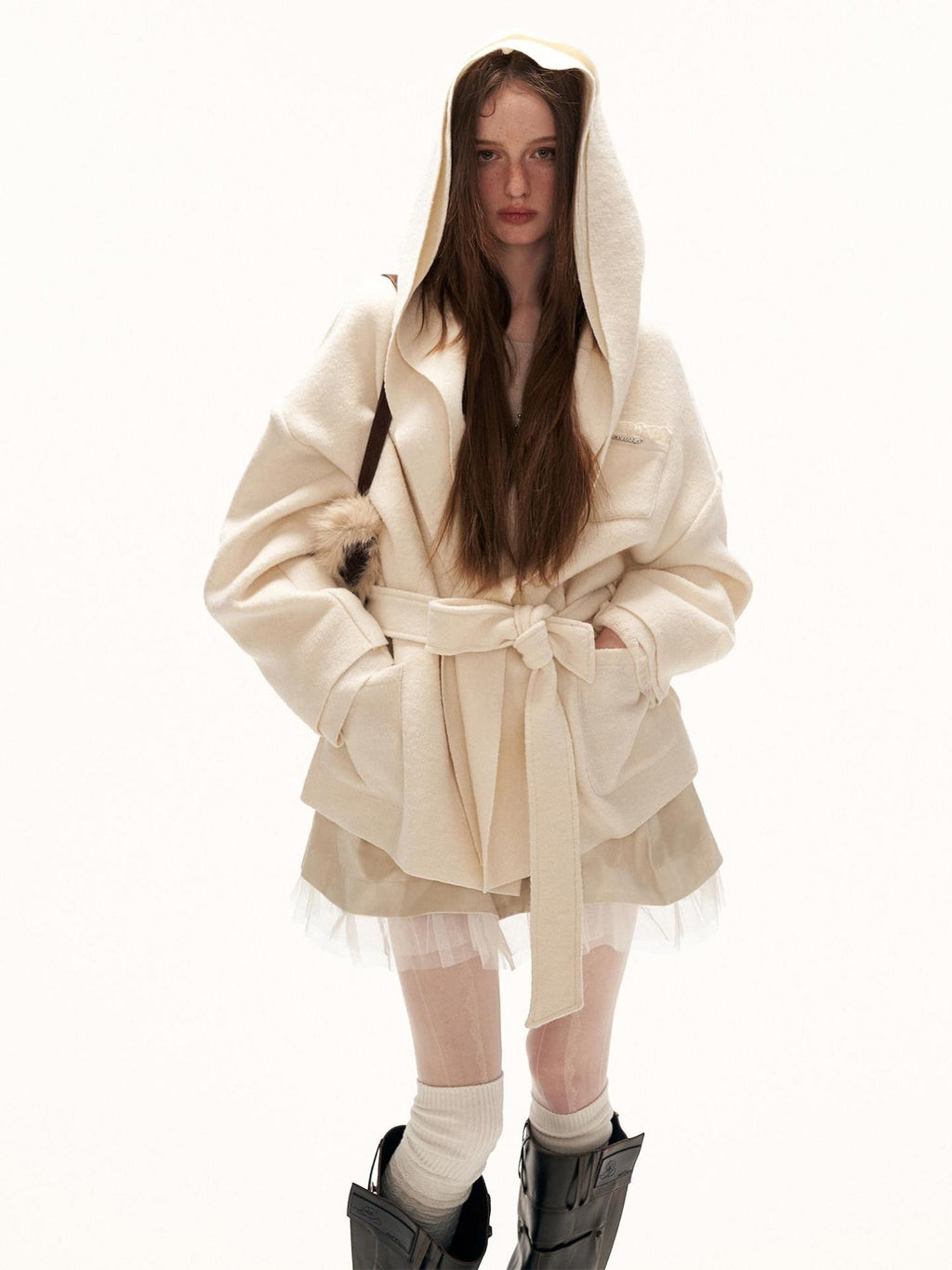mamc Plush Double Layer Oversized Lapel Tie Women's Wool Blend Short Coats