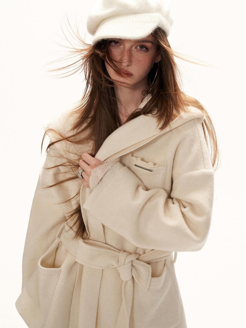 mamc Plush Double Layer Oversized Lapel Tie Women's Wool Blend Short Coats