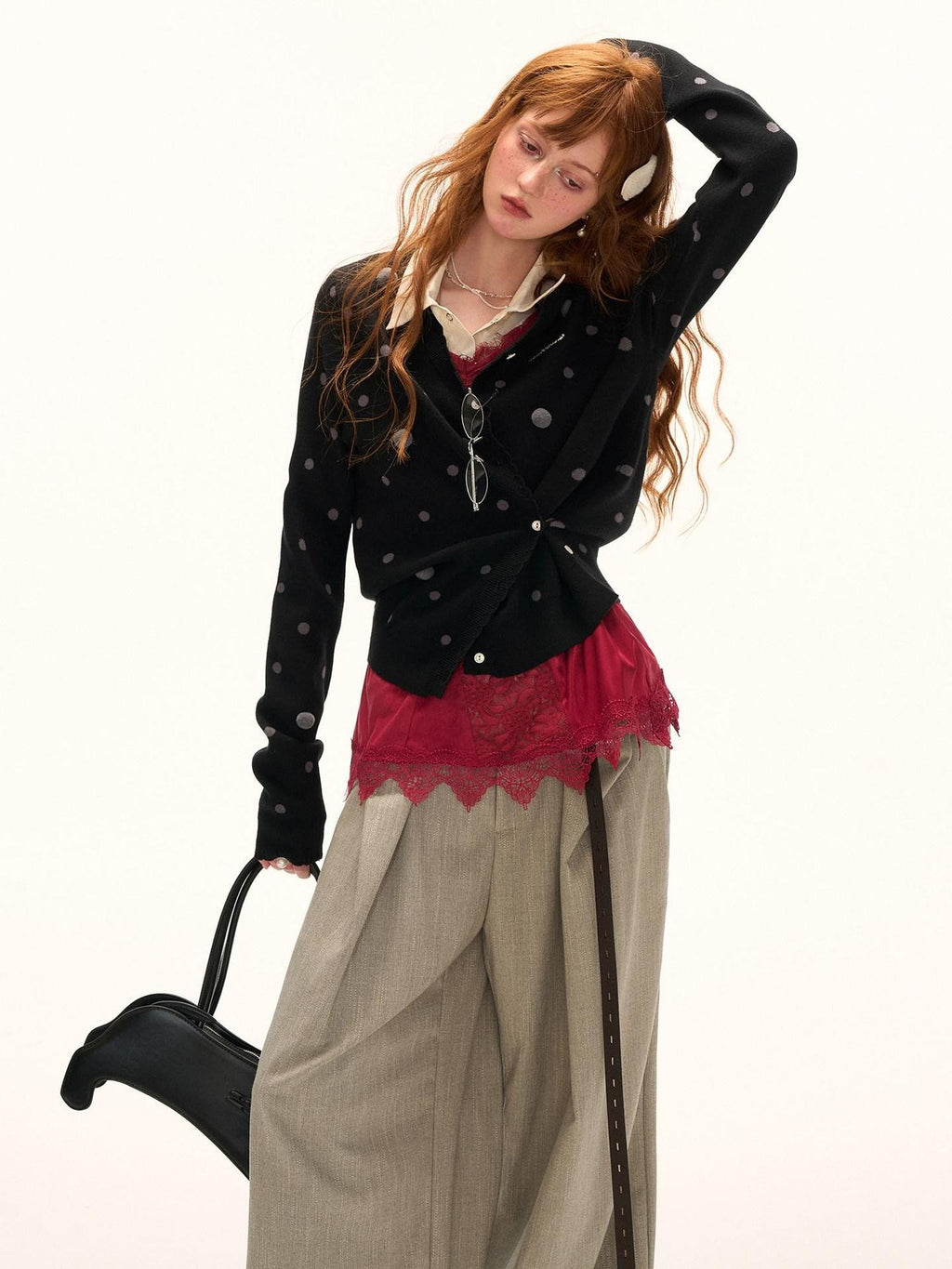 mamc Polka Dot Asymmetrical Cinched Waist Slim Fit Women's Viscose Blend Cardigans