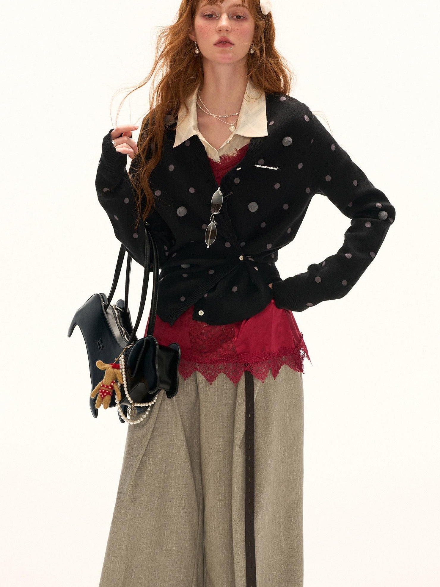 mamc Polka Dot Asymmetrical Cinched Waist Slim Fit Women's Viscose Blend Cardigans