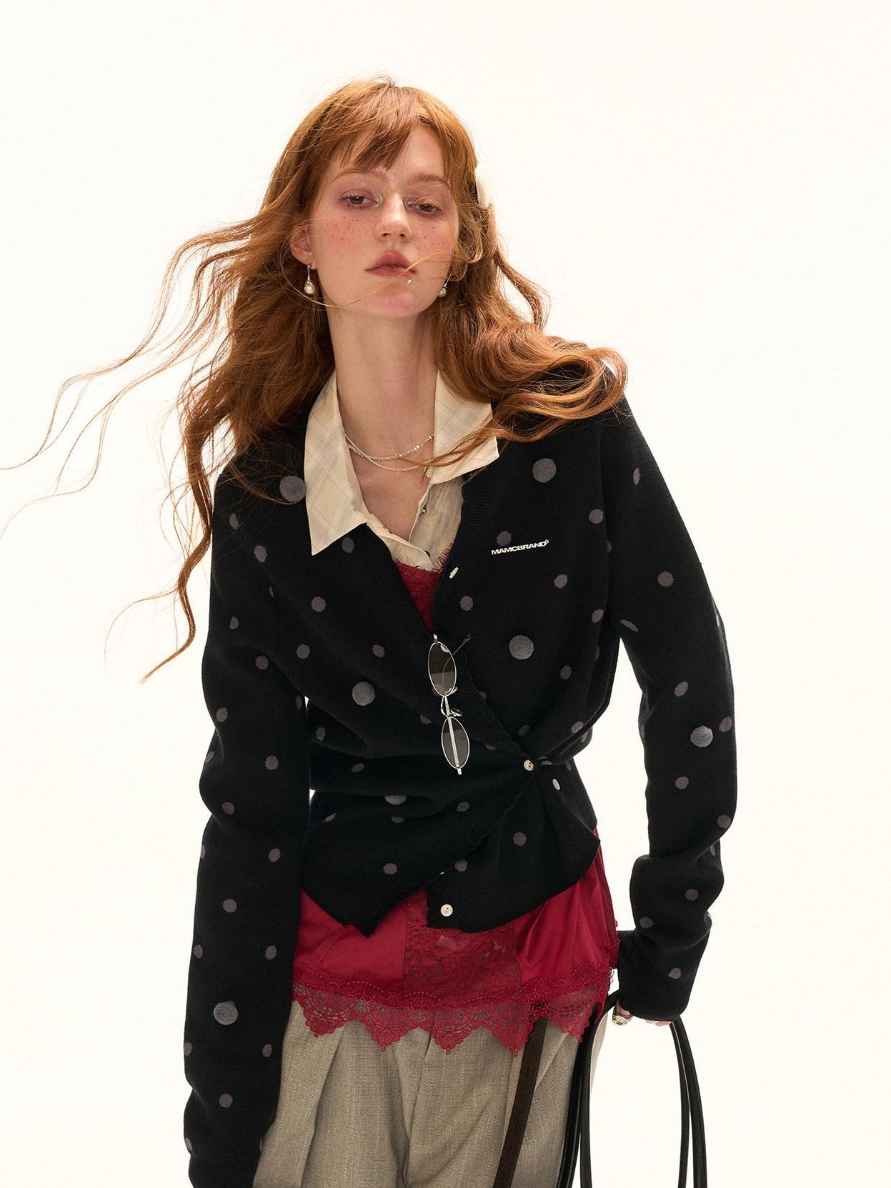 mamc Polka Dot Asymmetrical Cinched Waist Slim Fit Women's Viscose Blend Cardigans