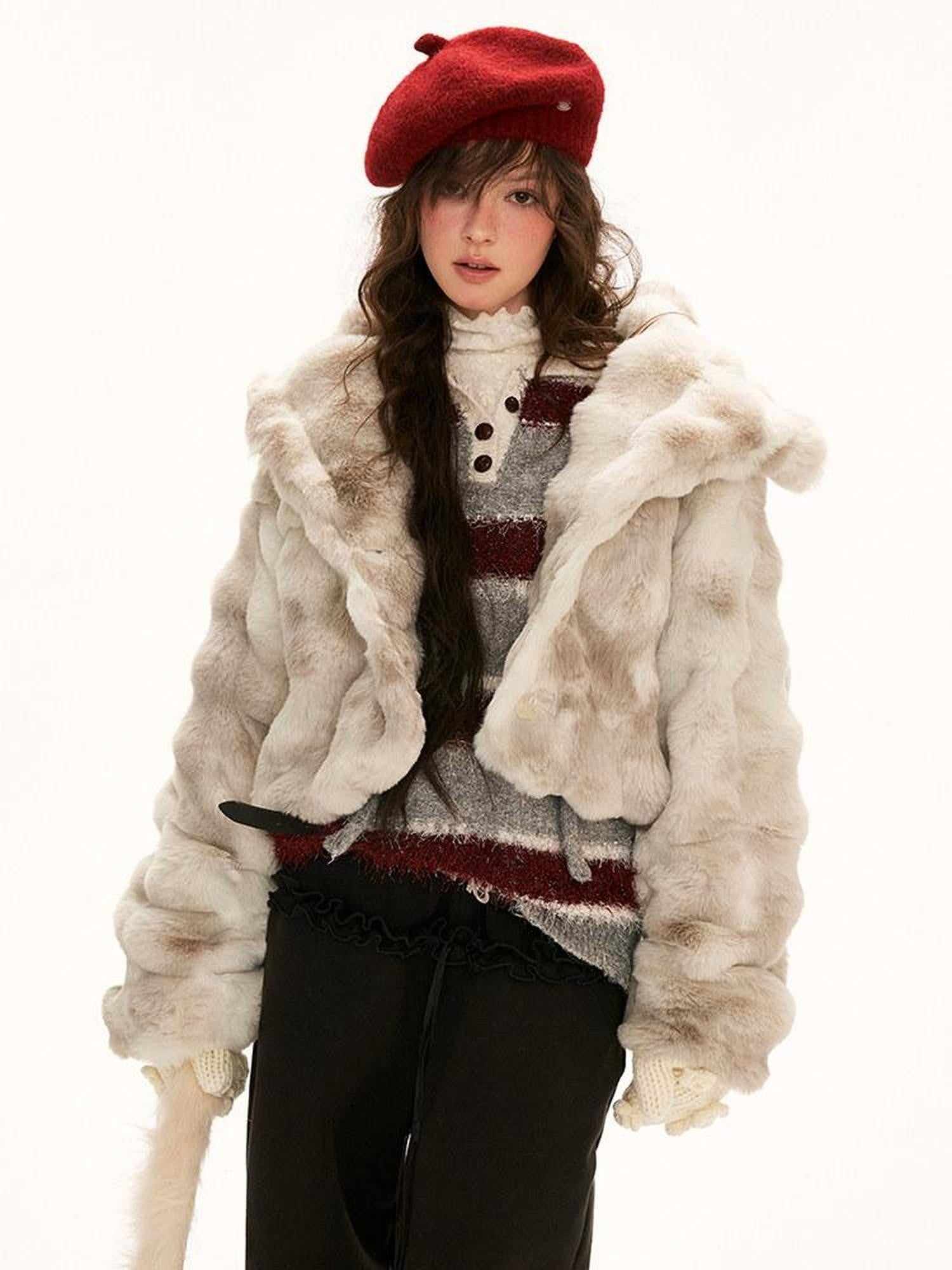 mamc Pom Pom Plush Three Dimensional Lapel Short Women's Polyester Fleece Jackets