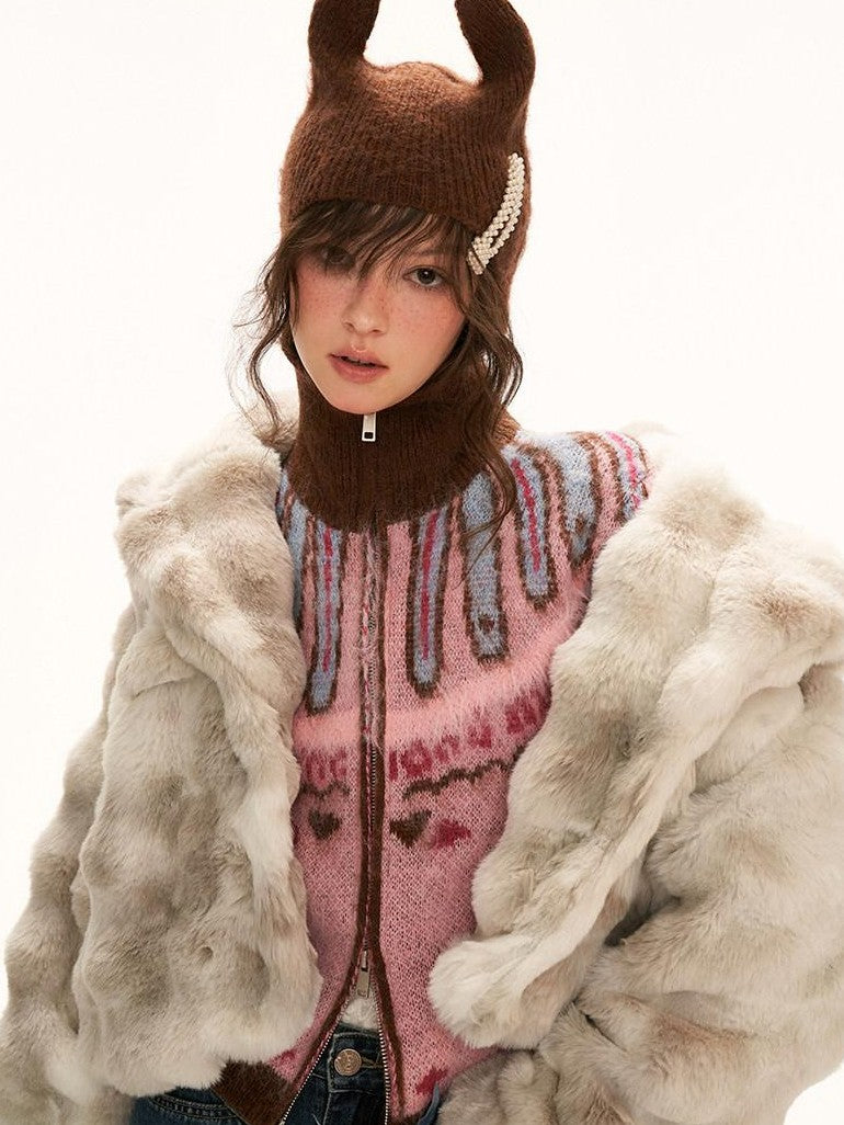 mamc Pom Pom Plush Three Dimensional Lapel Short Women's Polyester Fleece Jackets
