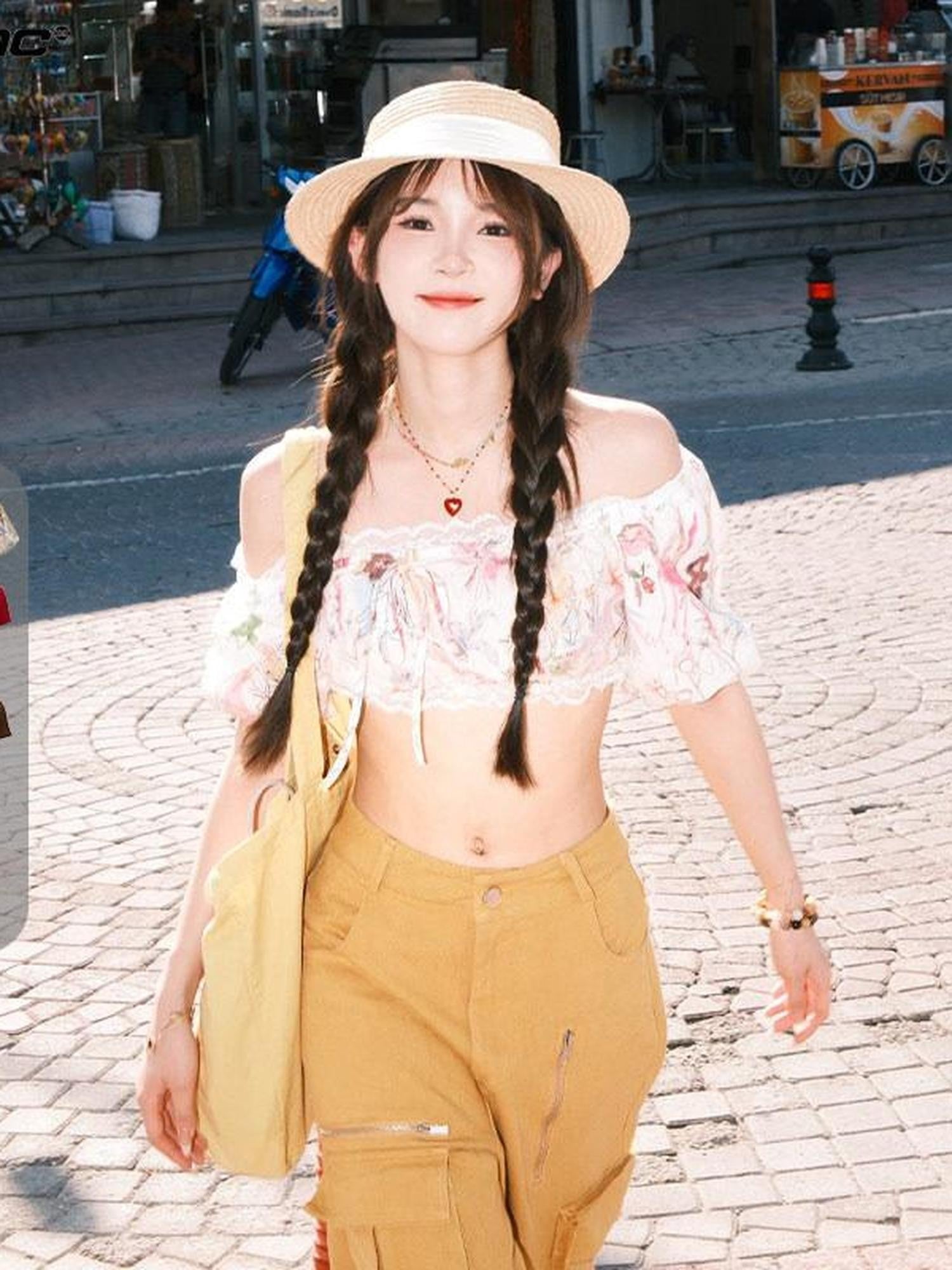 mamc Puff Sleeve Printed Cat Women's Crop Top Pants Casual Top & Pants Sets