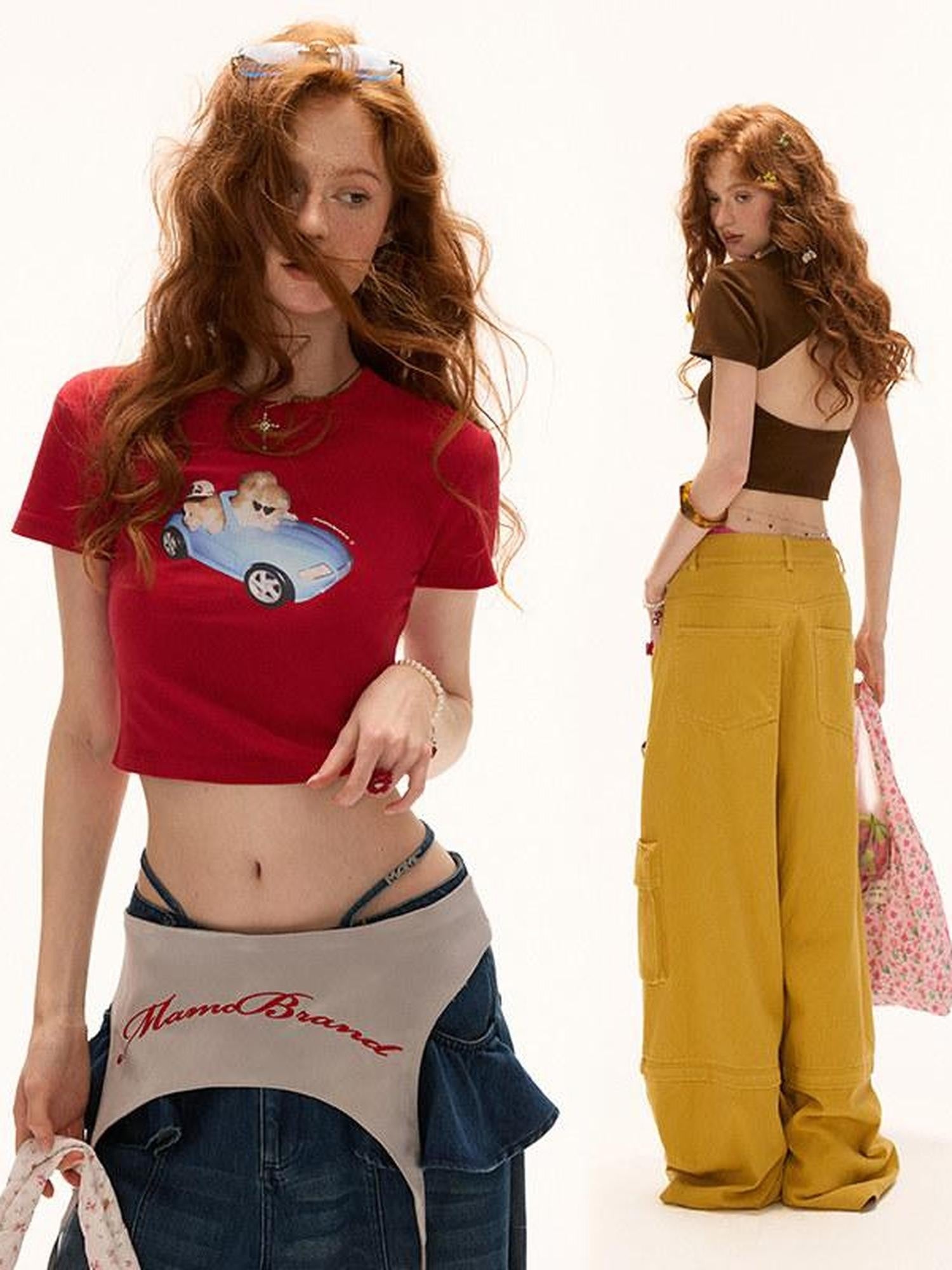 mamc Puff Sleeve Printed Cat Women's Crop Top Pants Casual Top & Pants Sets