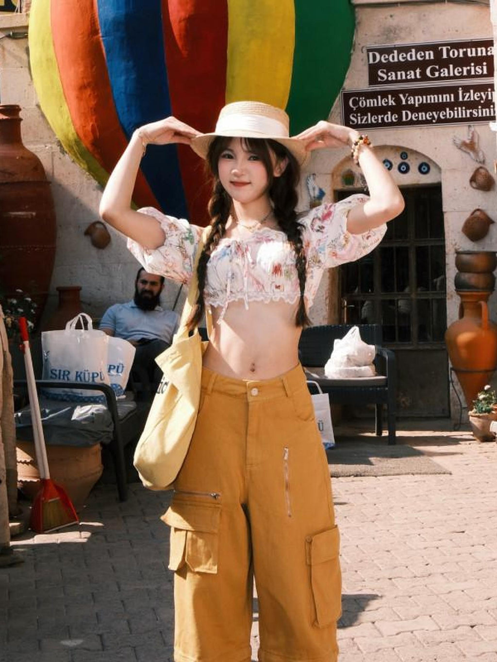 mamc Puff Sleeve Printed Cat Women's Crop Top Pants Casual Top & Pants Sets