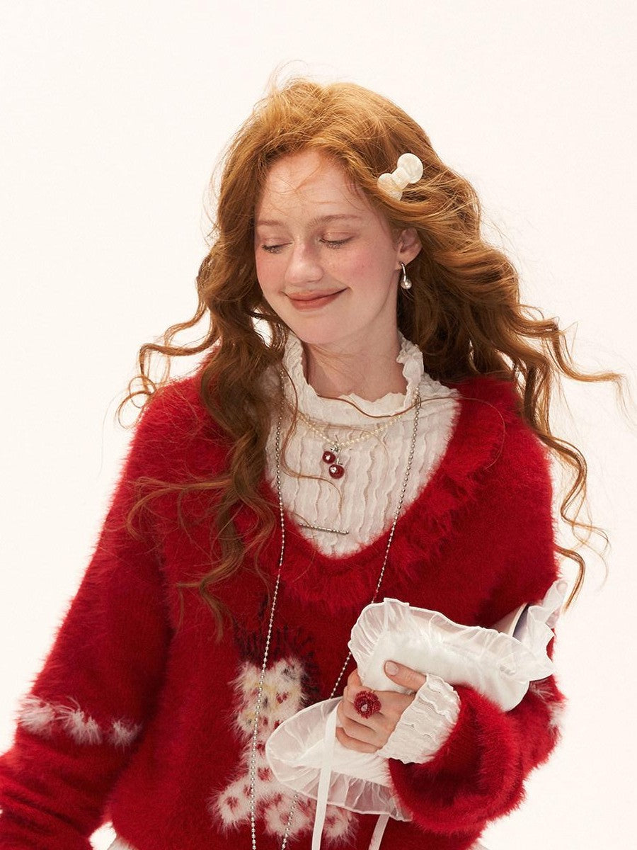 mamc Red Heart Pony Doll Collar Loose Fit Women's Polyamide Knit Sweaters