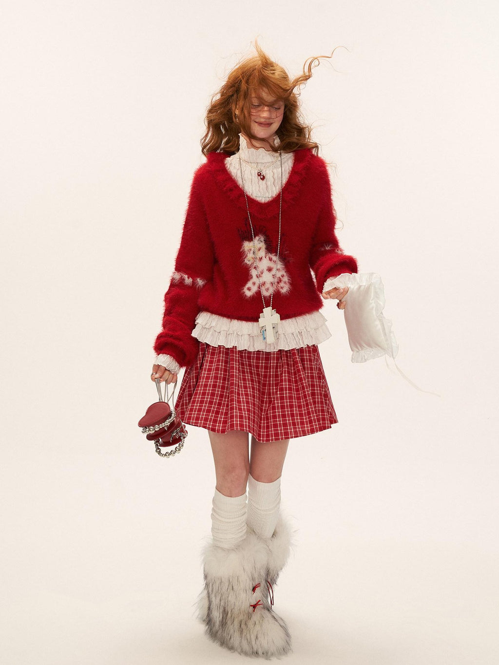 mamc Red Heart Pony Doll Collar Loose Fit Women's Polyamide Knit Sweaters