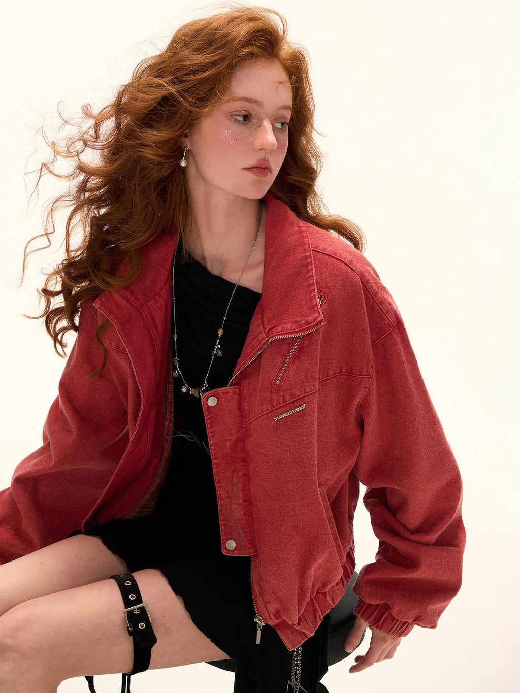 mamc Red Patchwork Stand Collar Cropped Multi Pocket Women's Cotton Utility Jackets