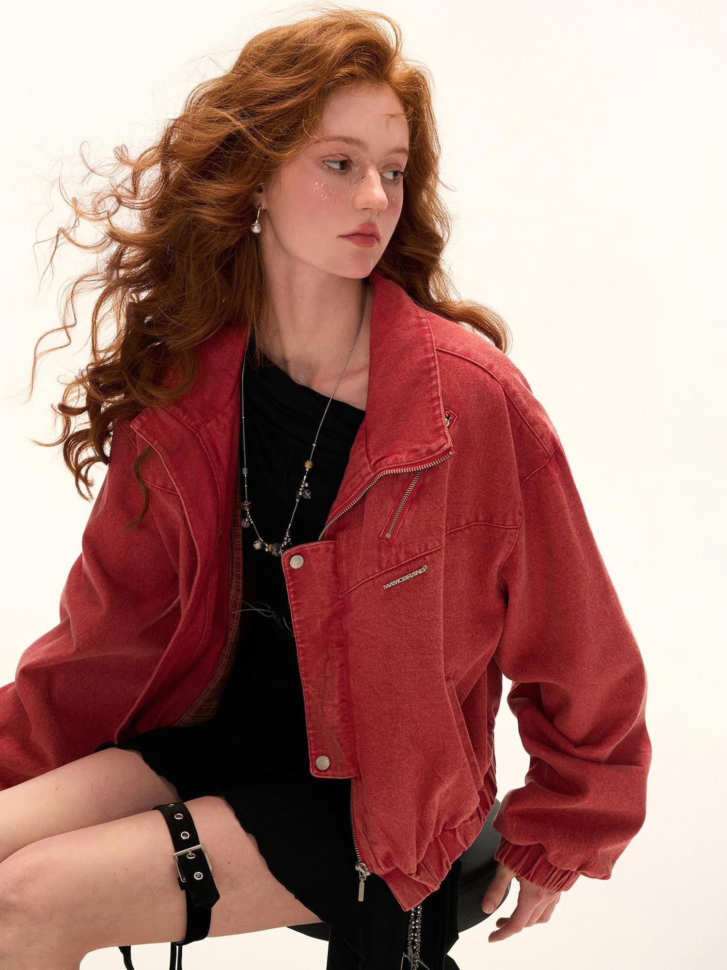 mamc Red Patchwork Stand Collar Cropped Multi Pocket Women's Cotton Utility Jackets