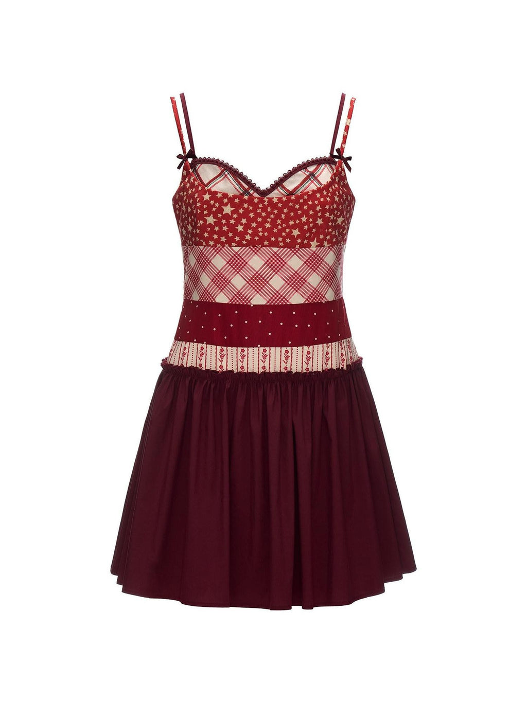 mamc Red Star Plaid Patchwork A Line Women's Polyester Blend Slip Mini Dresses