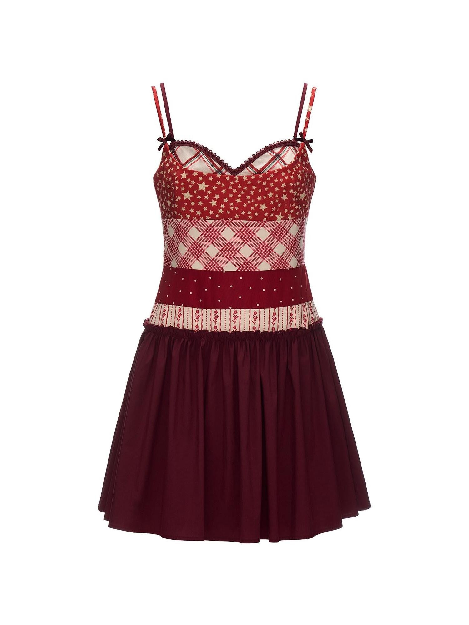 mamc Red Star Plaid Patchwork A Line Women's Polyester Blend Slip Mini Dresses