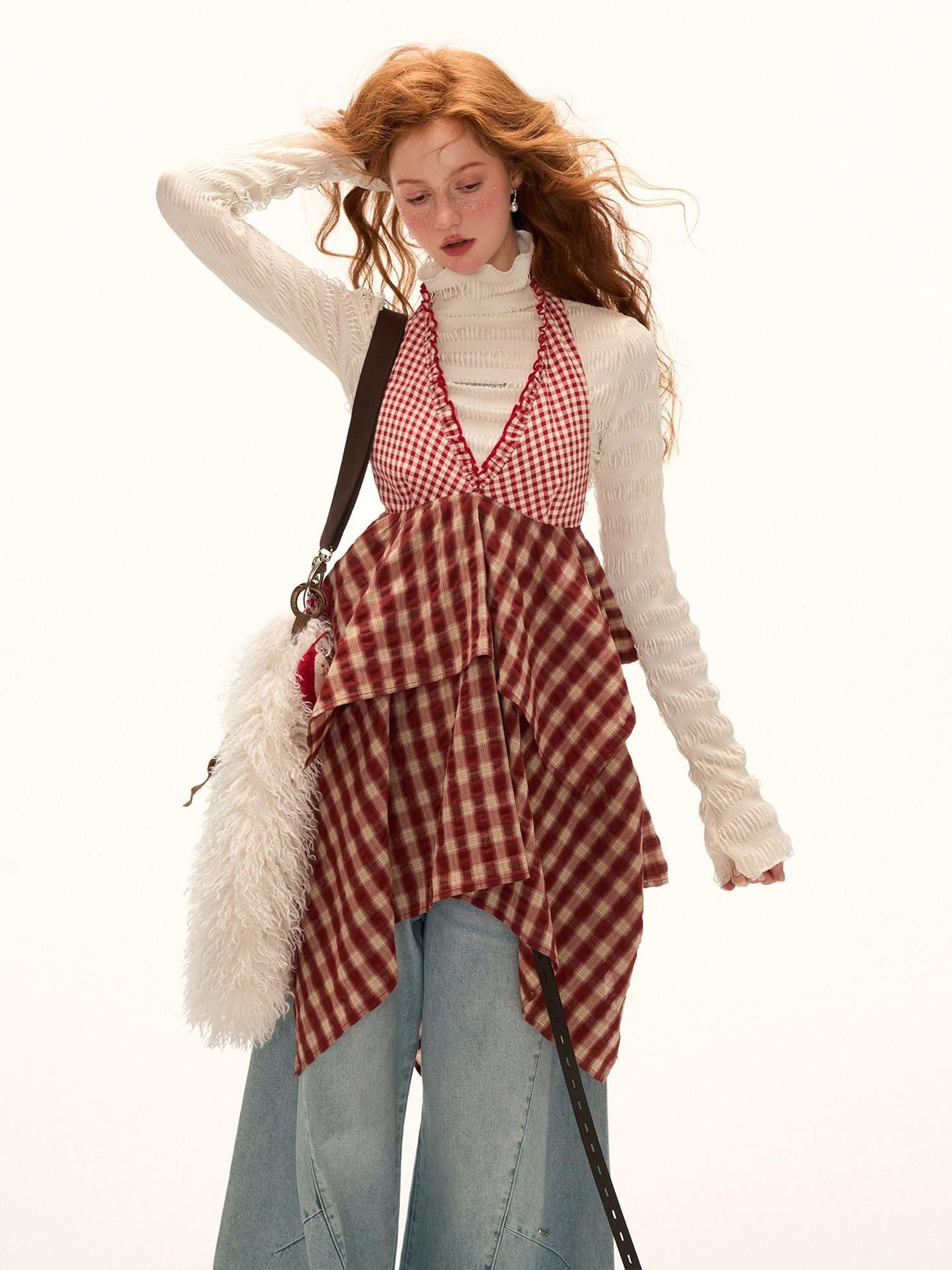 mamc Red Textured Plaid Patchwork Asymmetric Strappy Vneck Women's Slip Mini Dresses