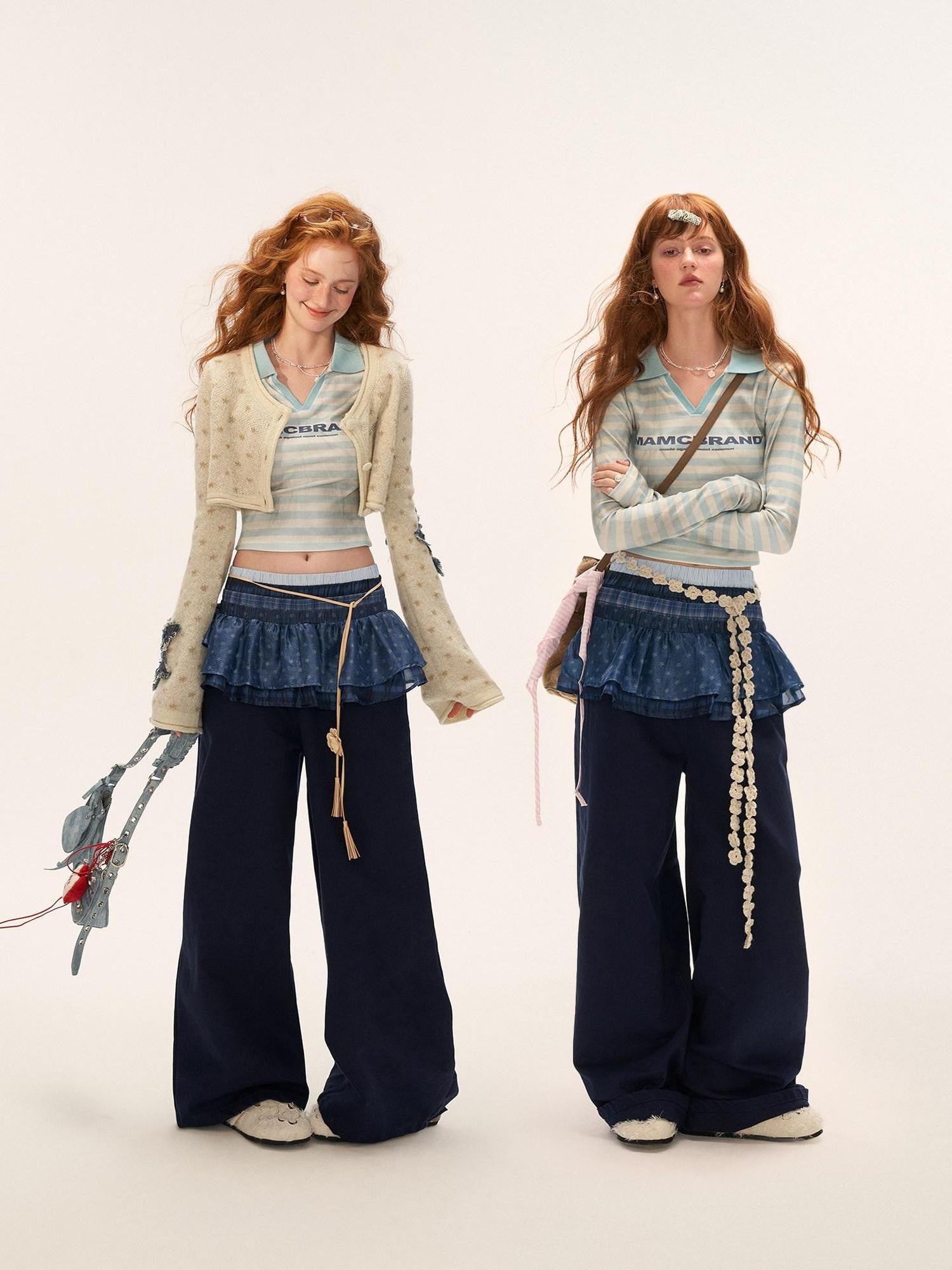 mamc Relaxed Blue Patchwork Layered Waistband Women's Cotton Wide-leg Pants