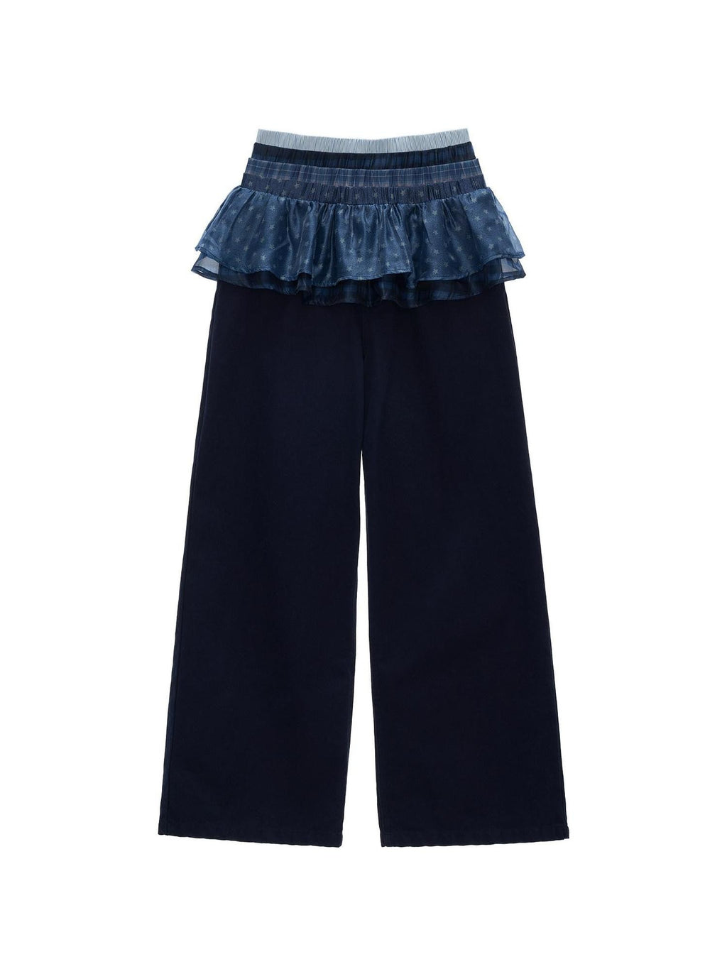 mamc Relaxed Blue Patchwork Layered Waistband Women's Cotton Wide-leg Pants