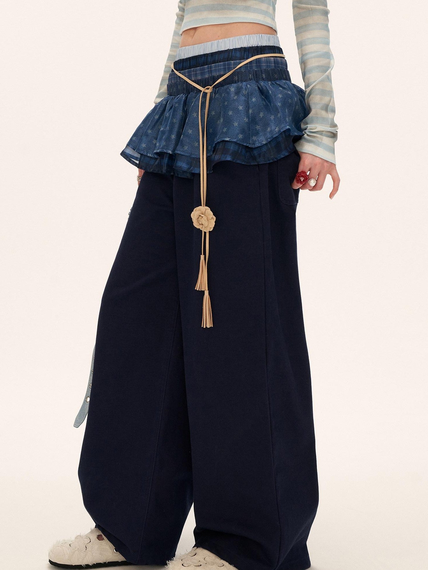 mamc Relaxed Blue Patchwork Layered Waistband Women's Cotton Wide-leg Pants