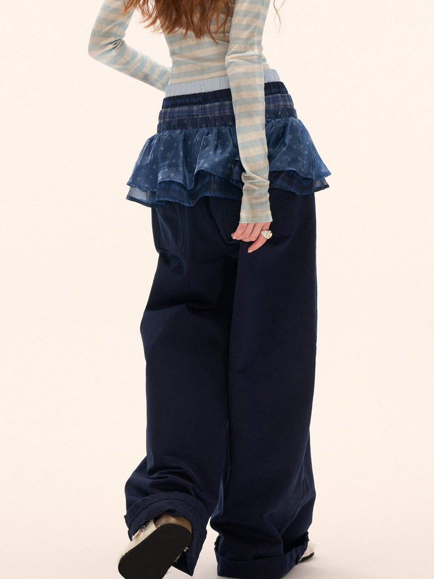 mamc Relaxed Blue Patchwork Layered Waistband Women's Cotton Wide-leg Pants