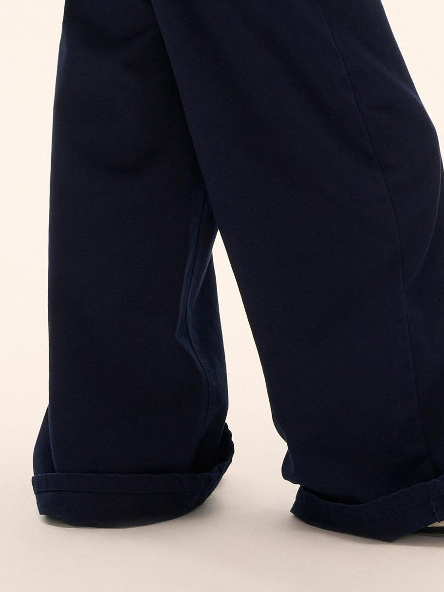 mamc Relaxed Blue Patchwork Layered Waistband Women's Cotton Wide-leg Pants