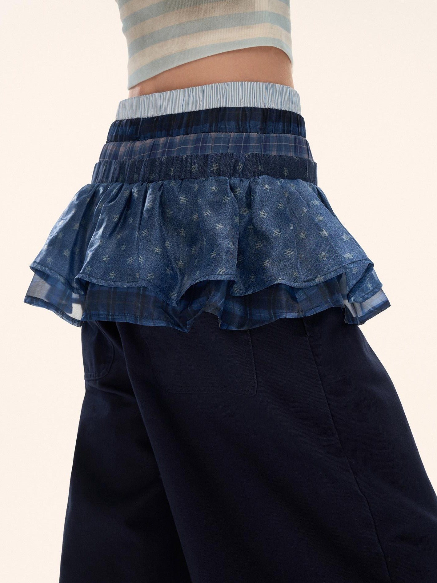 mamc Relaxed Blue Patchwork Layered Waistband Women's Cotton Wide-leg Pants