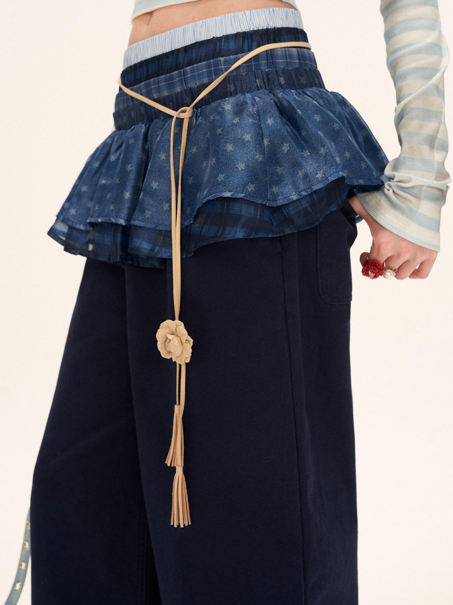 mamc Relaxed Blue Patchwork Layered Waistband Women's Cotton Wide-leg Pants