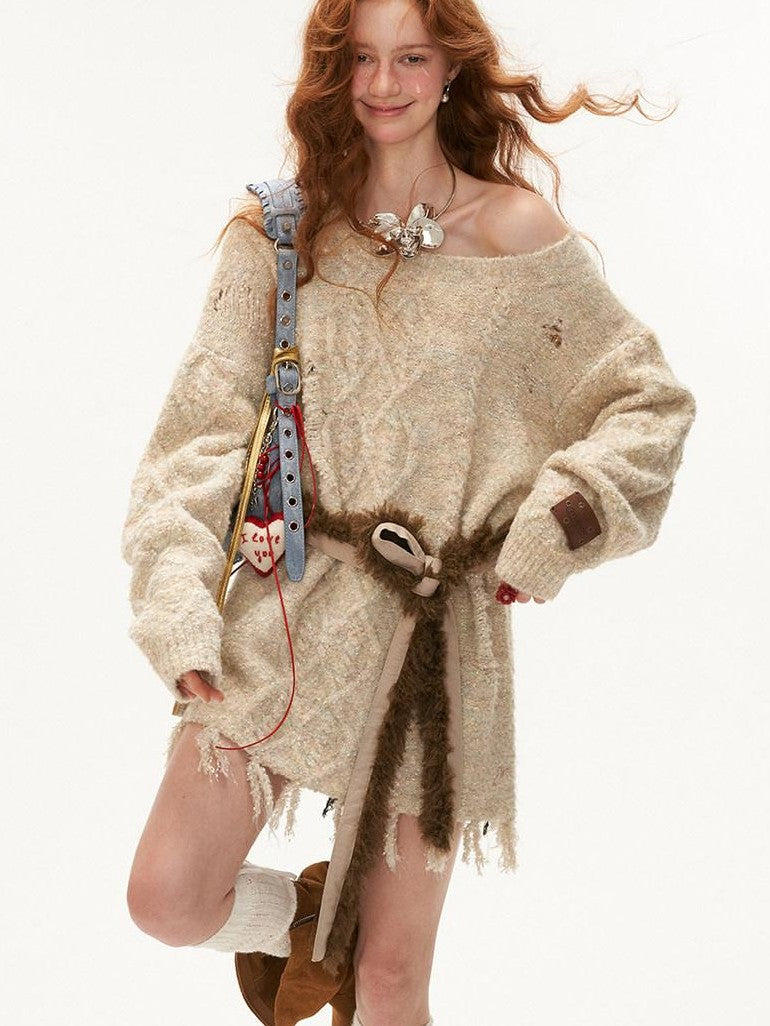 mamc Relaxed Off Shoulder Tassel Belt Knit Women's Wool Blend Long Sleeve T-shirts