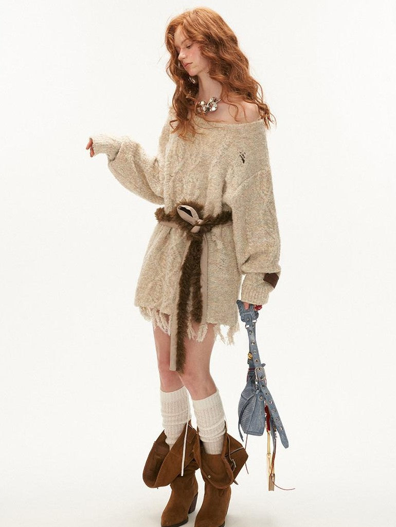 mamc Relaxed Off Shoulder Tassel Belt Knit Women's Wool Blend Long Sleeve T-shirts